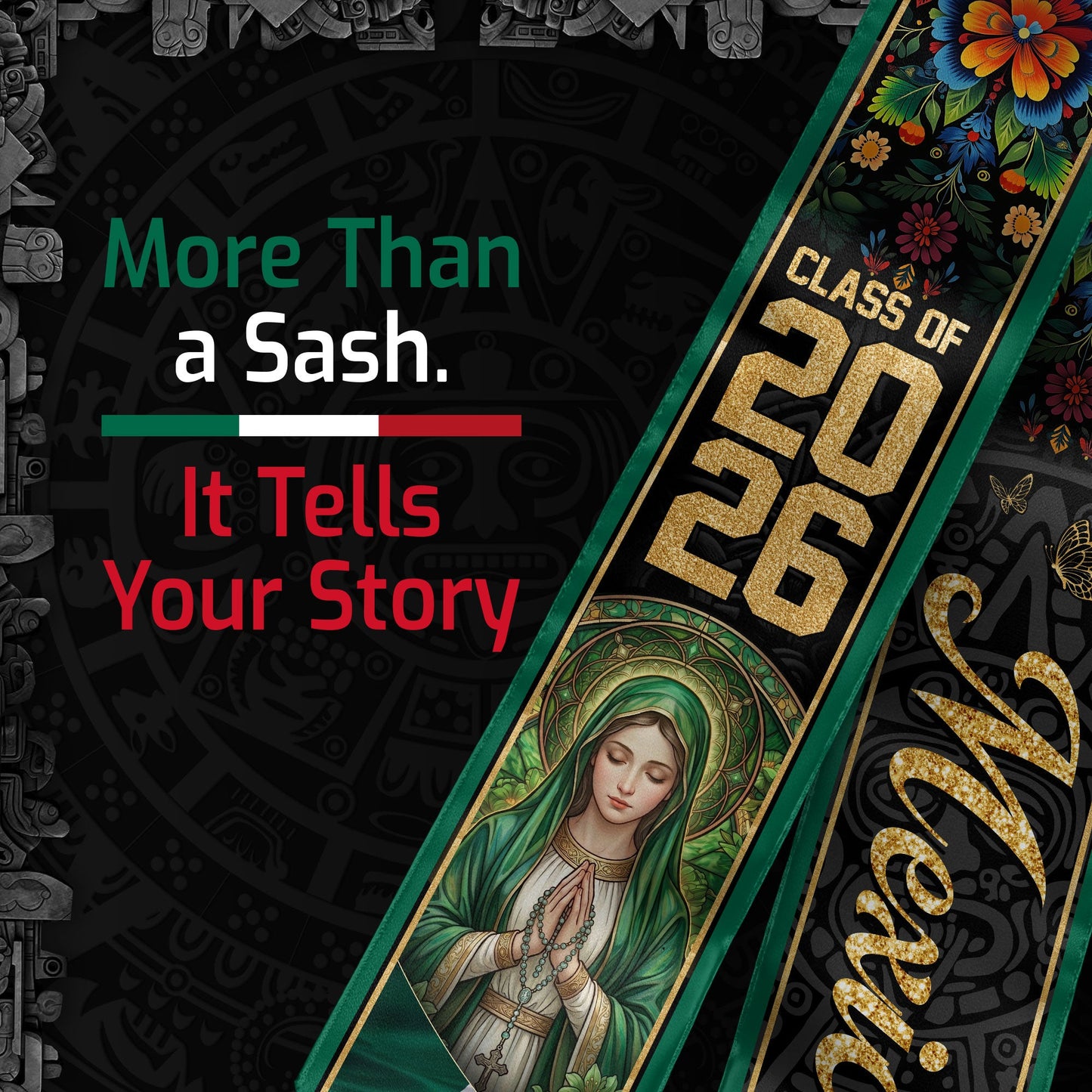 Mexico Graduation Stole 2026 Virgin Mary Floral Green Heritage Sash Gift