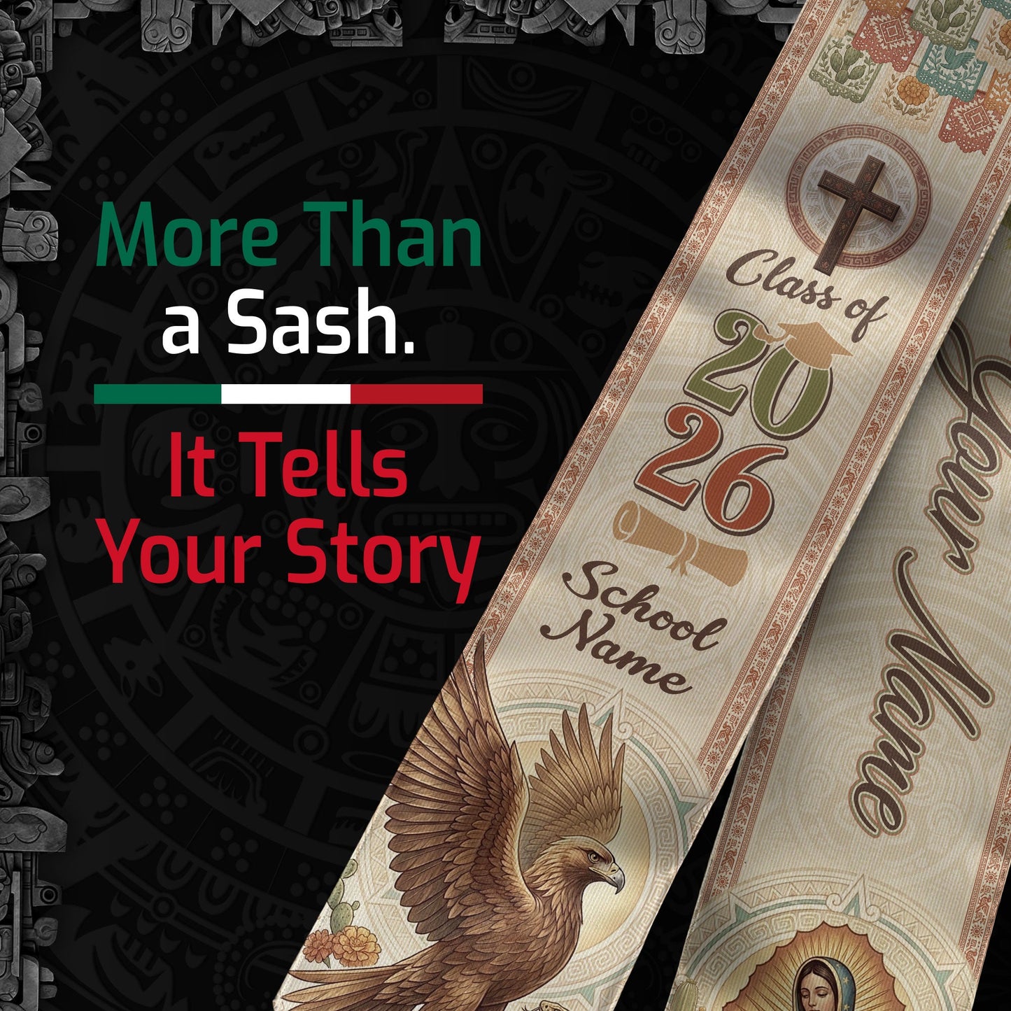 Custom Mexico Graduation Stole 2026 - Our Lady of Guadalupe & Eagle Heritage Sash