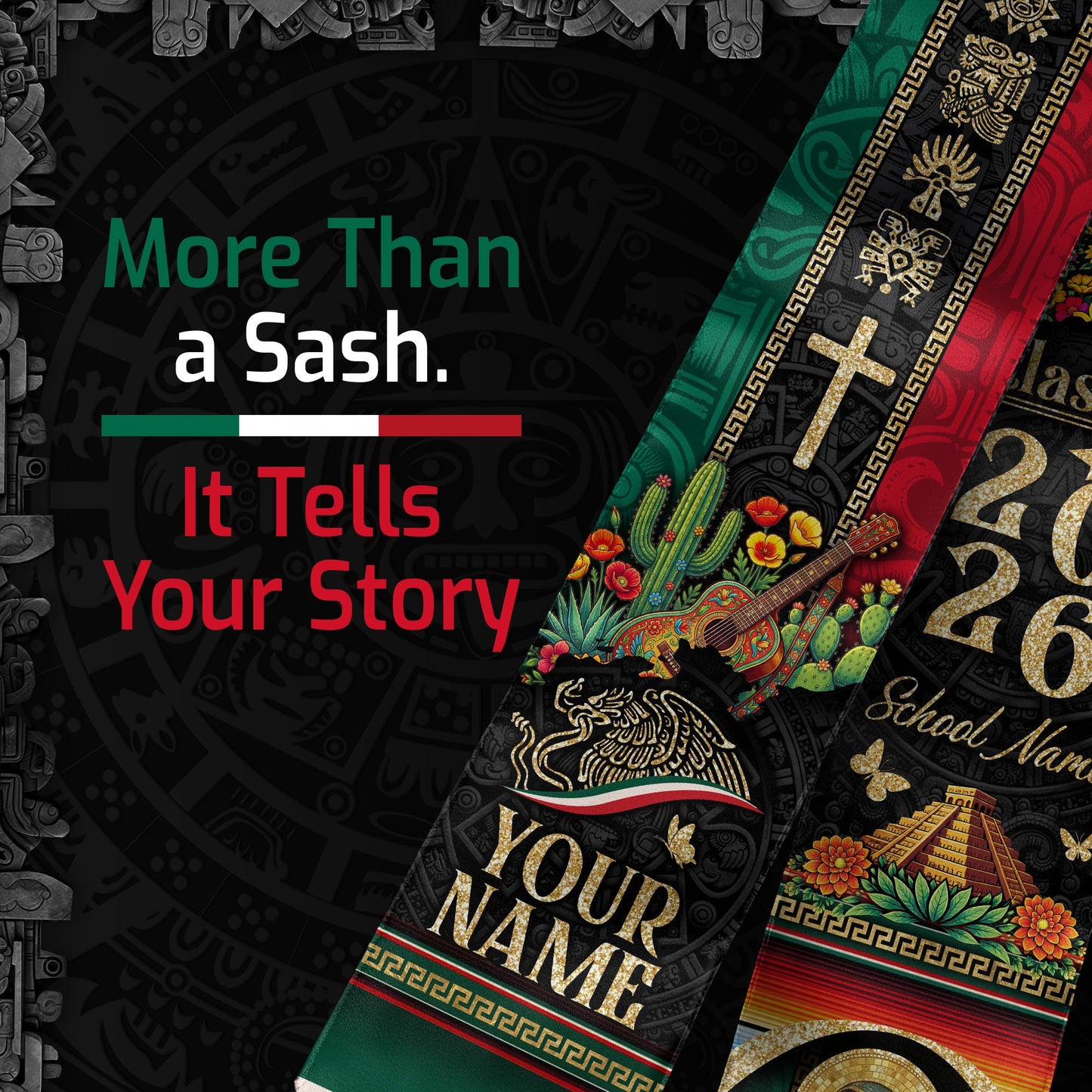 Personalized Mexican Graduation Stole 2026 - Aztec Pyramid & Guitar Heritage Sash
