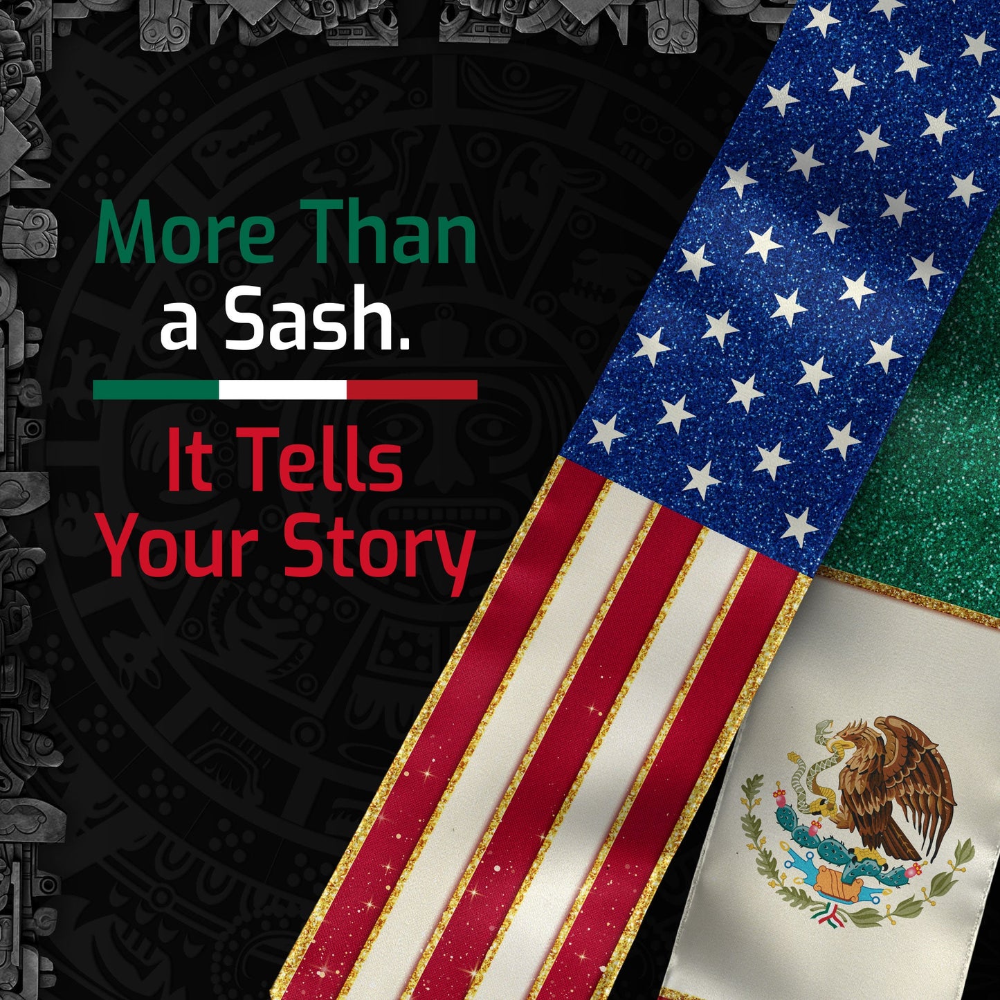 Mexico USA Dual Flag Graduation Stole Glitter Heritage Tassel Sash Gift