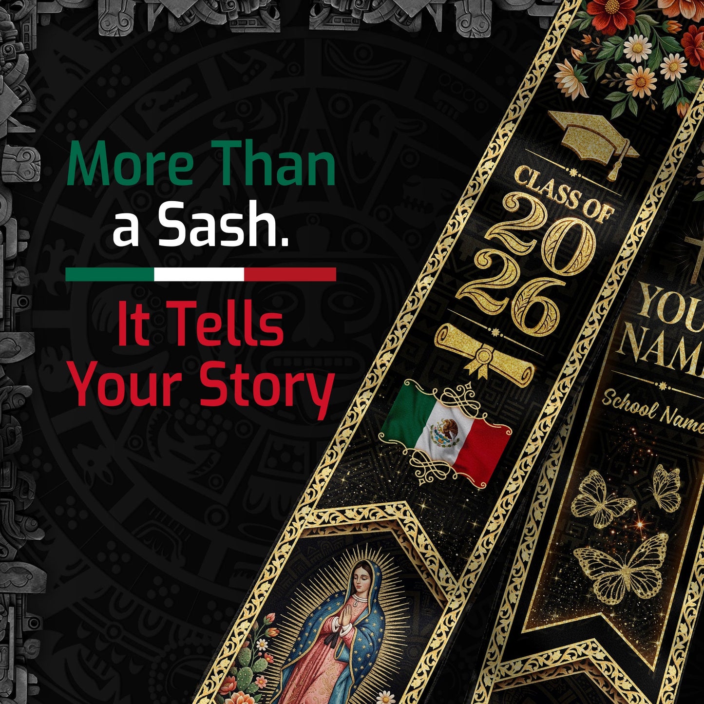 Custom Mexico Graduation Stole 2026 Tassels Virgin Mary Eagle Black Gold Sash