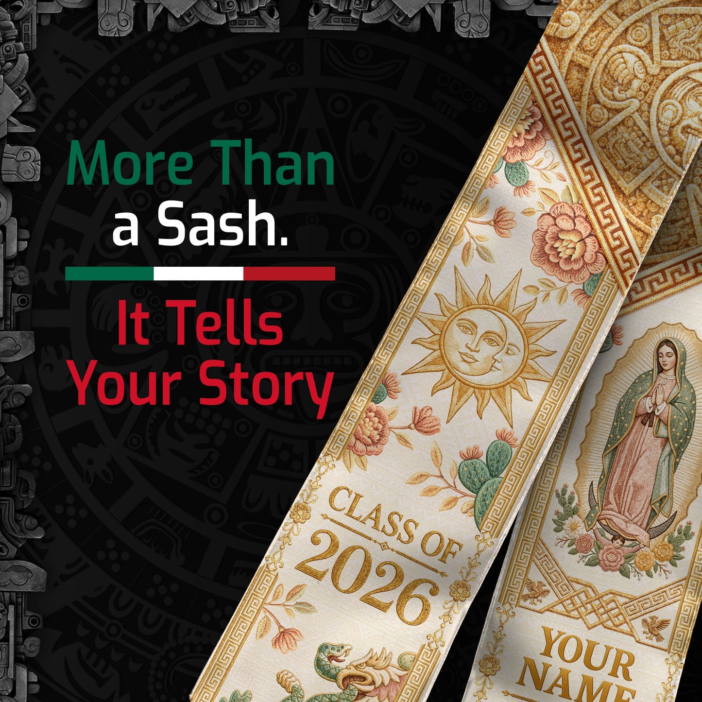 Custom Mexico Graduation Stole 2026 Tassels Virgin Mary Ivory Aztec Gold Sash