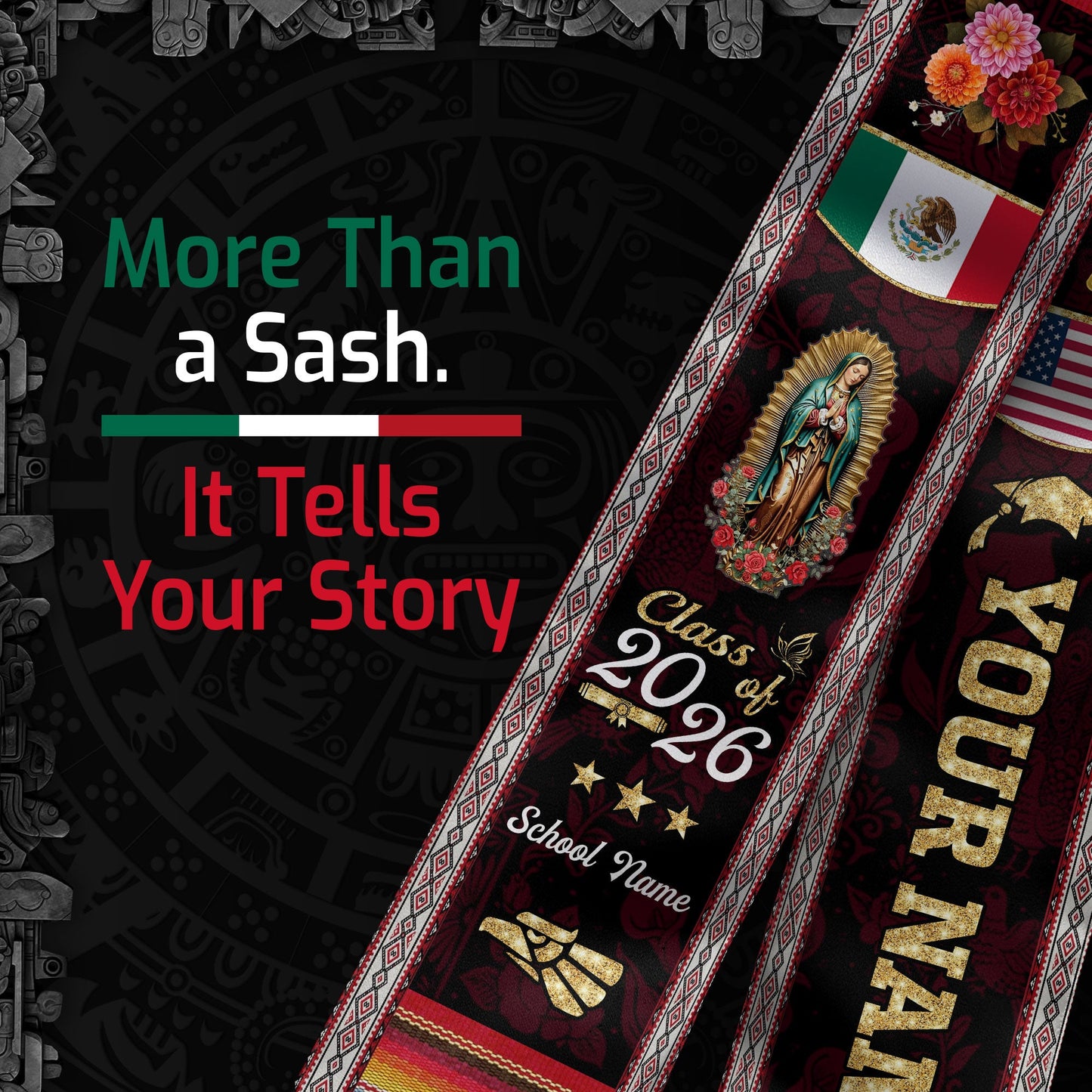 Mexico USA Flag Graduation Stole 2026 Custom Burgundy Guadalupe Mexican Sash