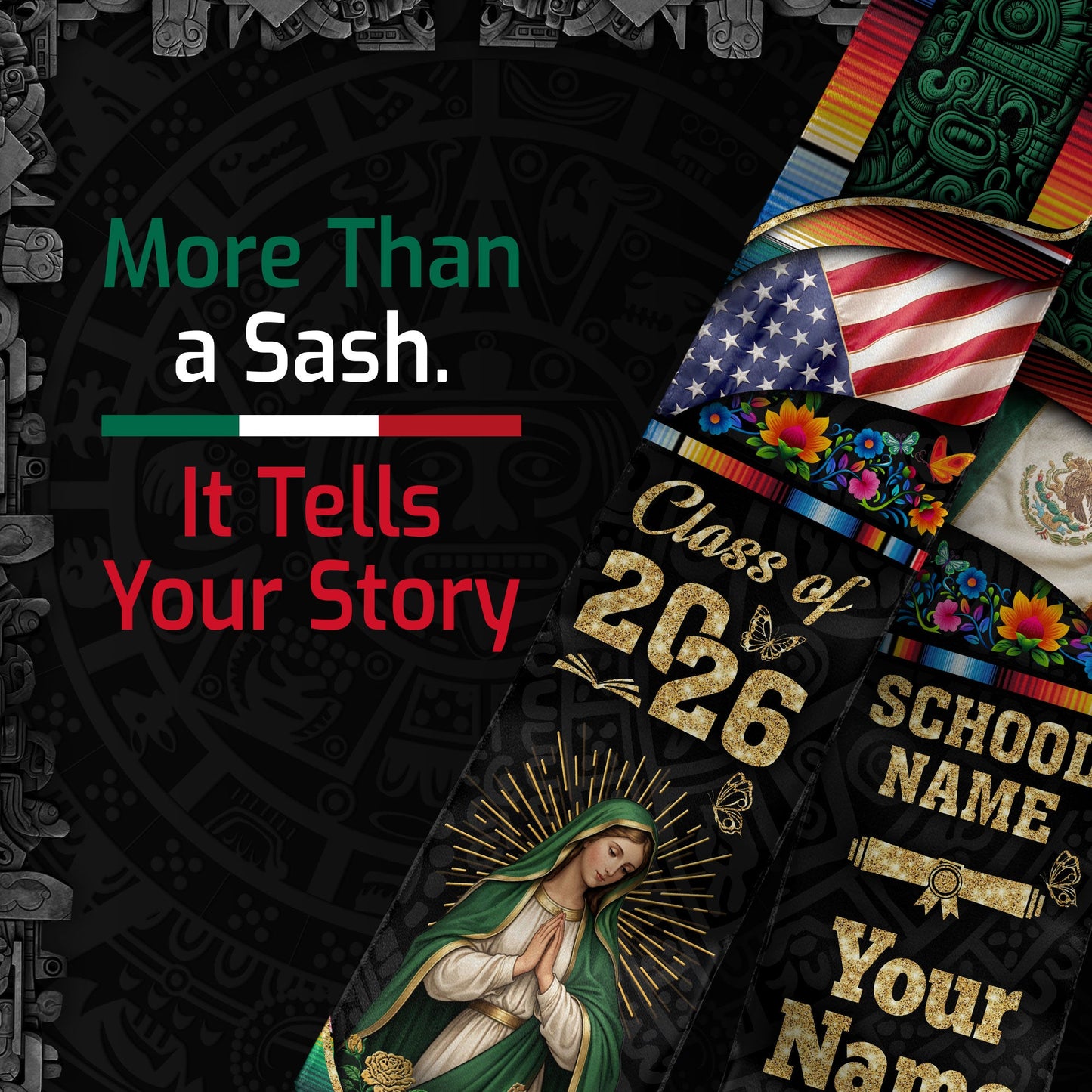 Custom Mexican American Graduation Stole Class of 2026 Our Lady of Guadalupe Mexico Tassel Sash