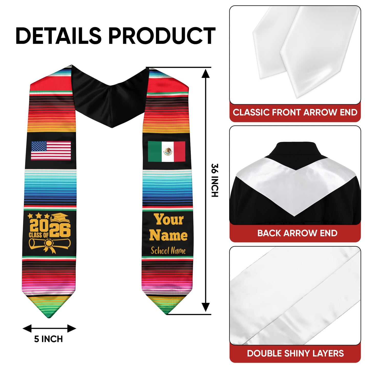 Mexico Graduate Sash 2026, Personalized Custom Mexican Stole for Graduation