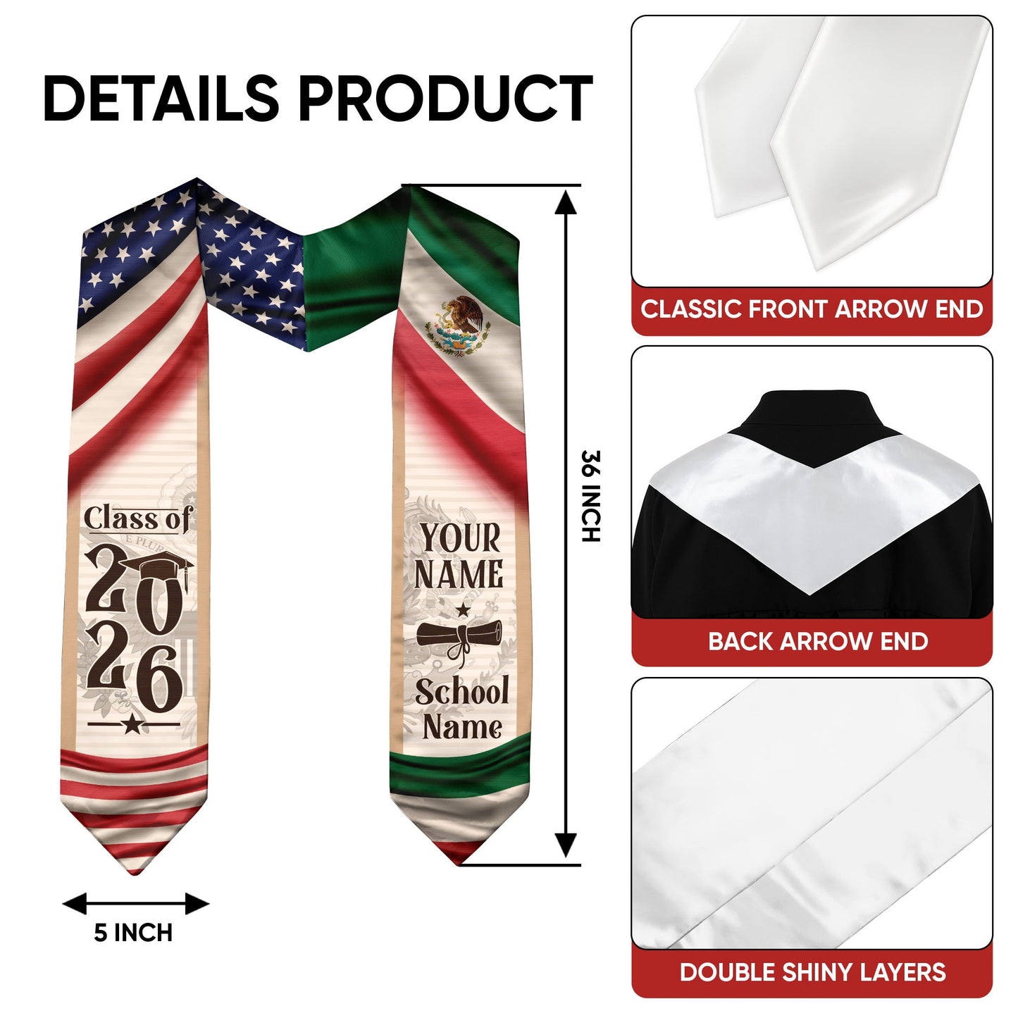 Mexican Stole for Graduation 2026, Mexico Graduation Stole, Customizable Flag Sash