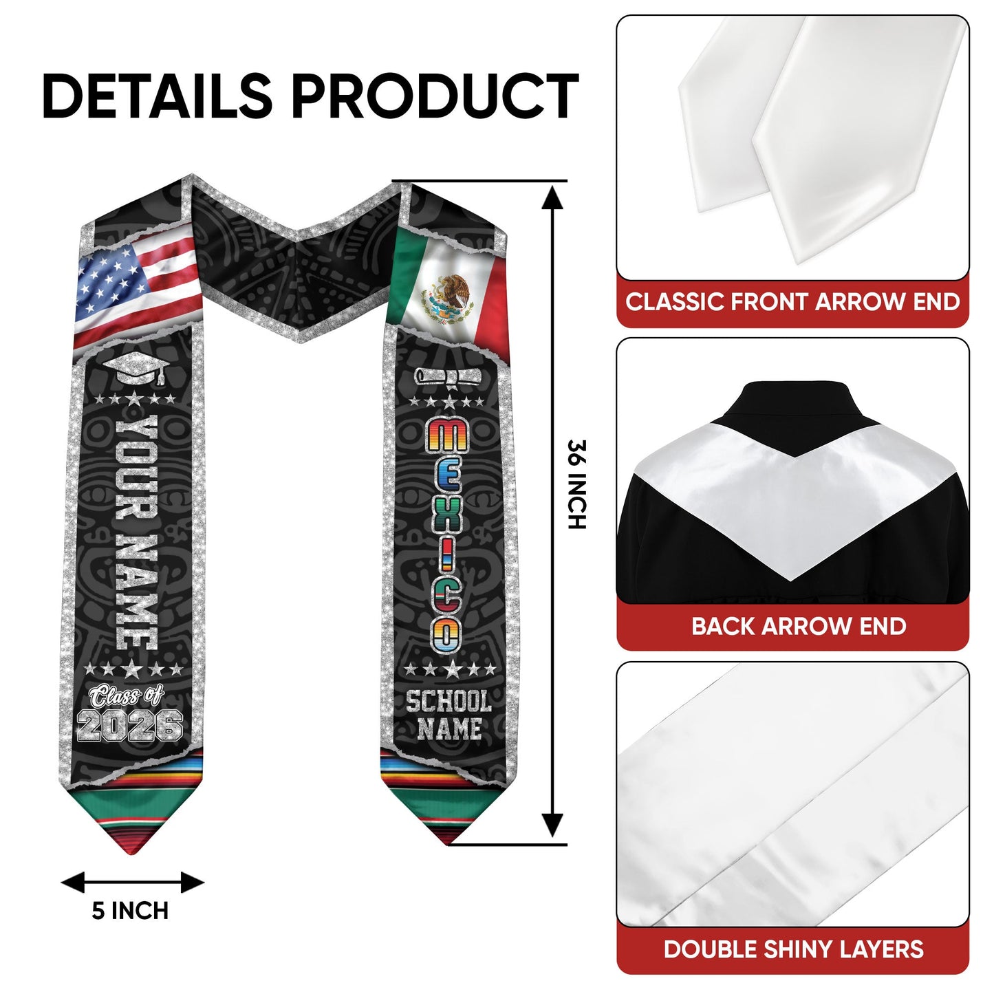Personalized Mexican Stole 2026, Mexico Graduation Sash, Custom Graduate GIft