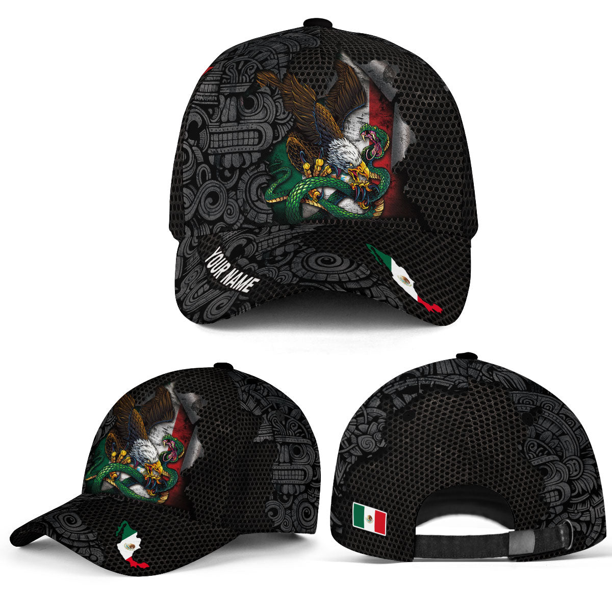 Custom Mexico Aztec Heritage Hat 3-Pack Bundle – Flag Eagle Aztec Map + Flag Eagle Serpent + Mexico USA Flag Eagle Roots Unity
