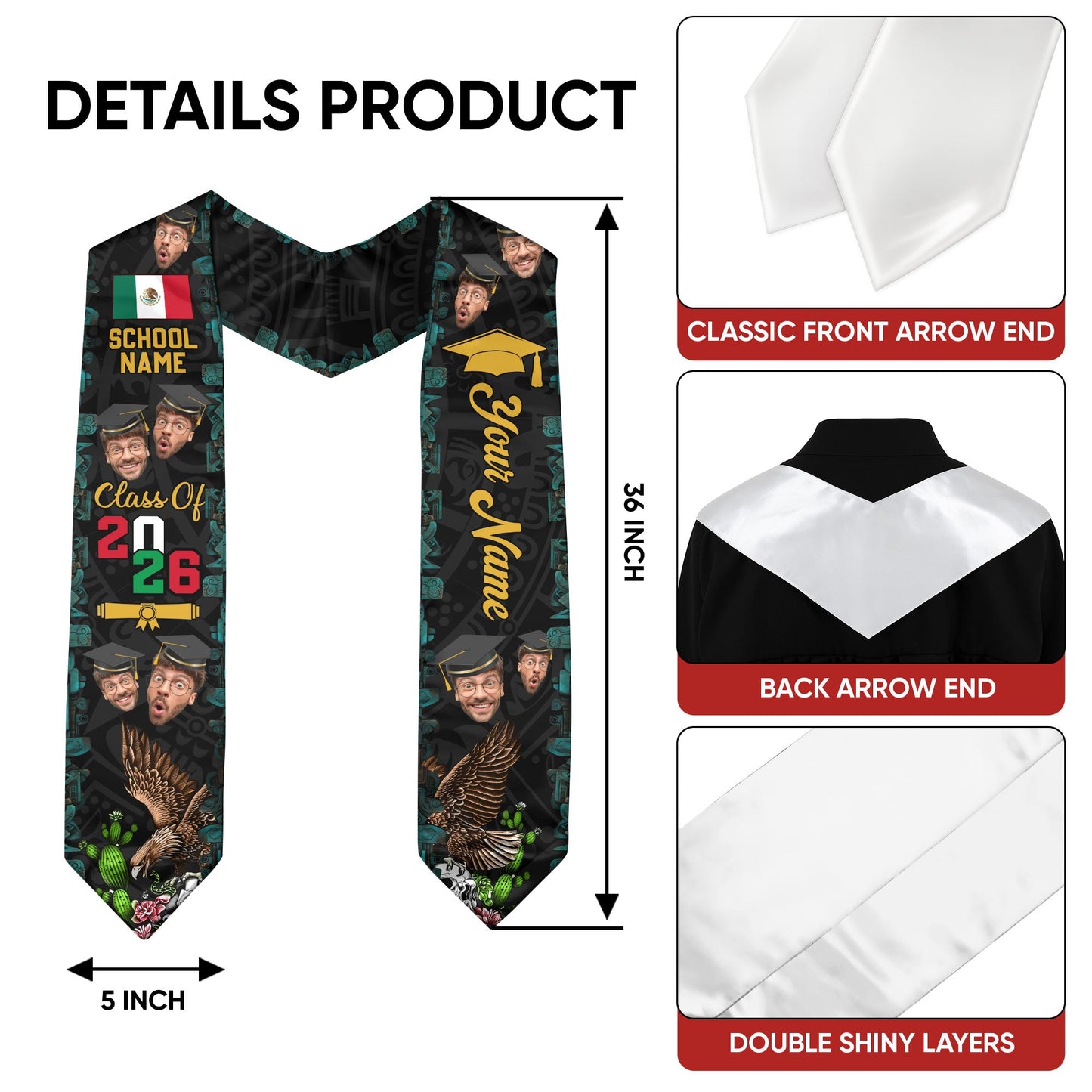 Custom Photo Graduation Stole Mexico Aztec 2026, Mexican Sash for Standout Graduate