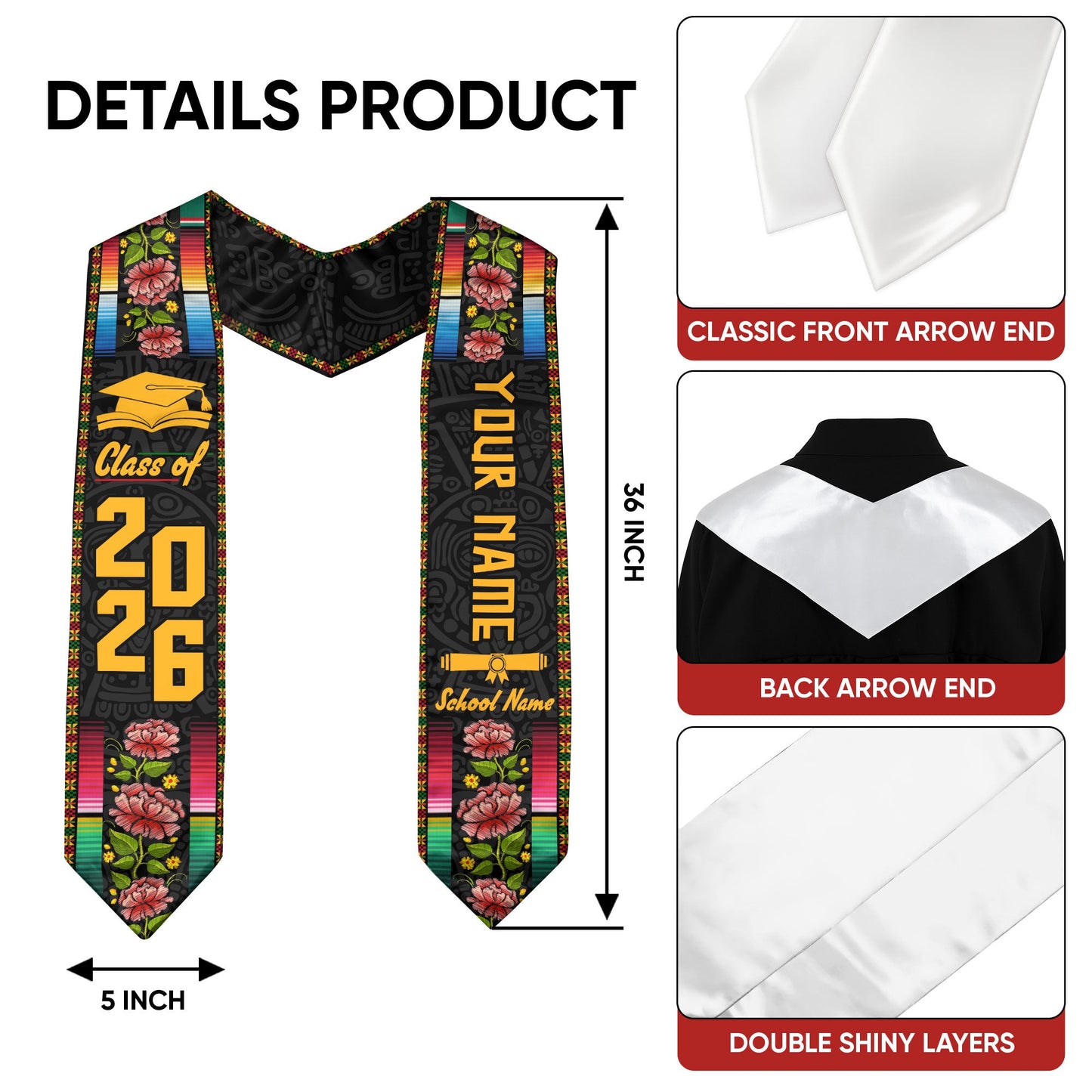 Custom Mexican Graduation Sash 2026 Aztec, Mexico Stole for Graduate Milestone