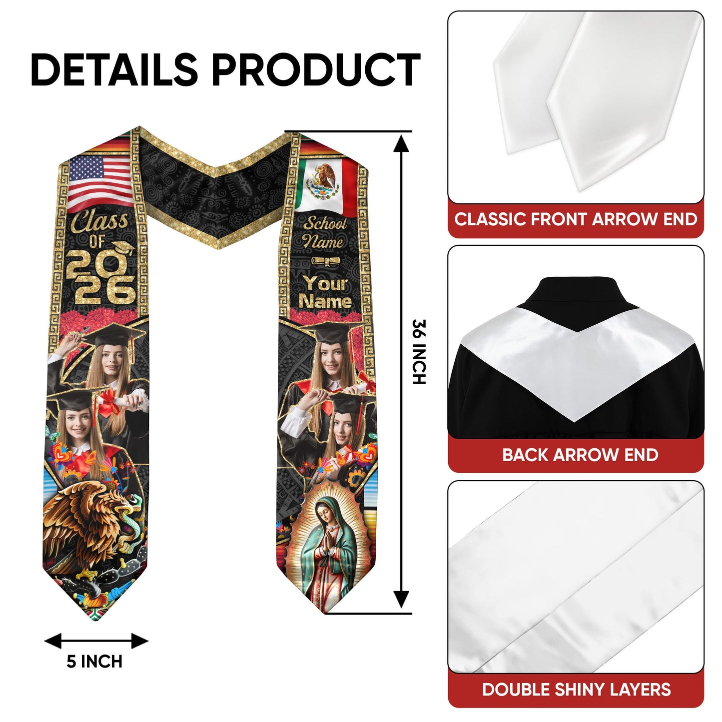 Custom Photo Mexican Stoles for Graduation 2026 Aztec Eagle & Virgin Mary USA Flag Sash