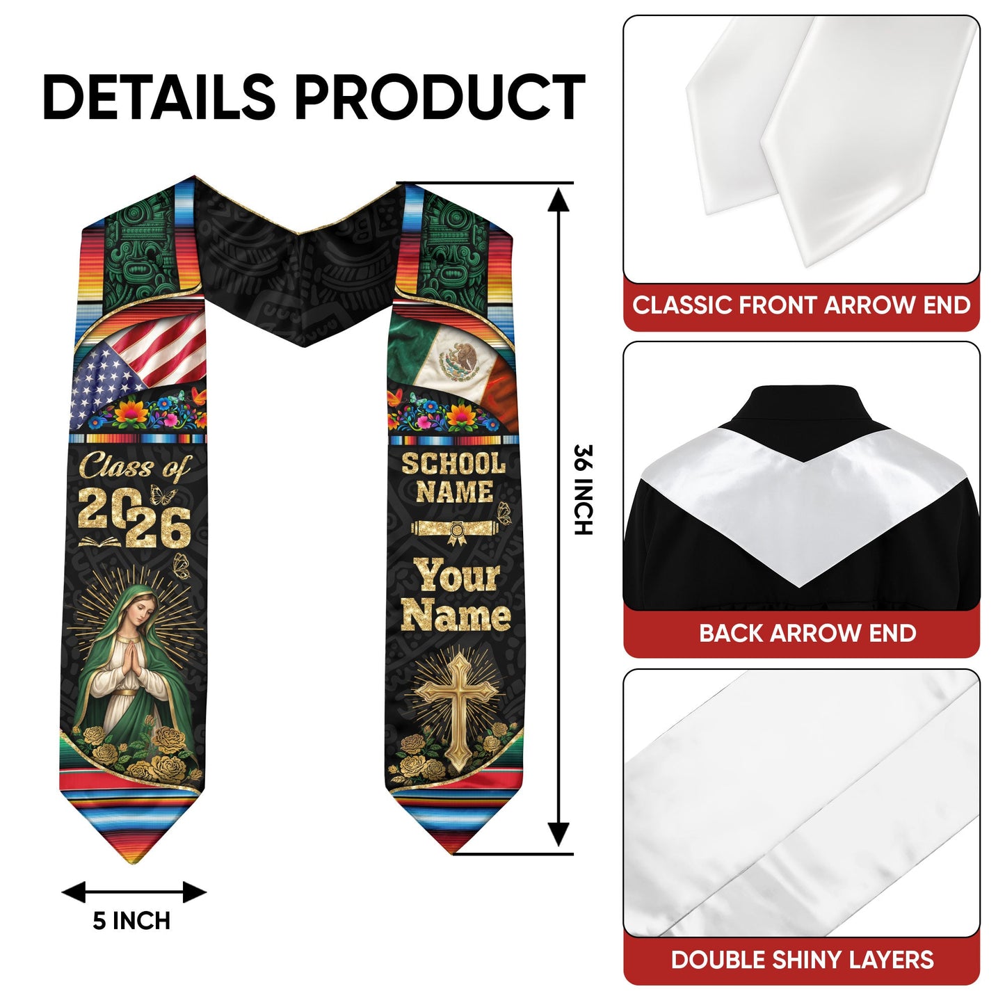 Custom Virgen de Guadalupe Class of 2026 Graduation Stole – USA & Mexico Flag Personalized Senior Sash