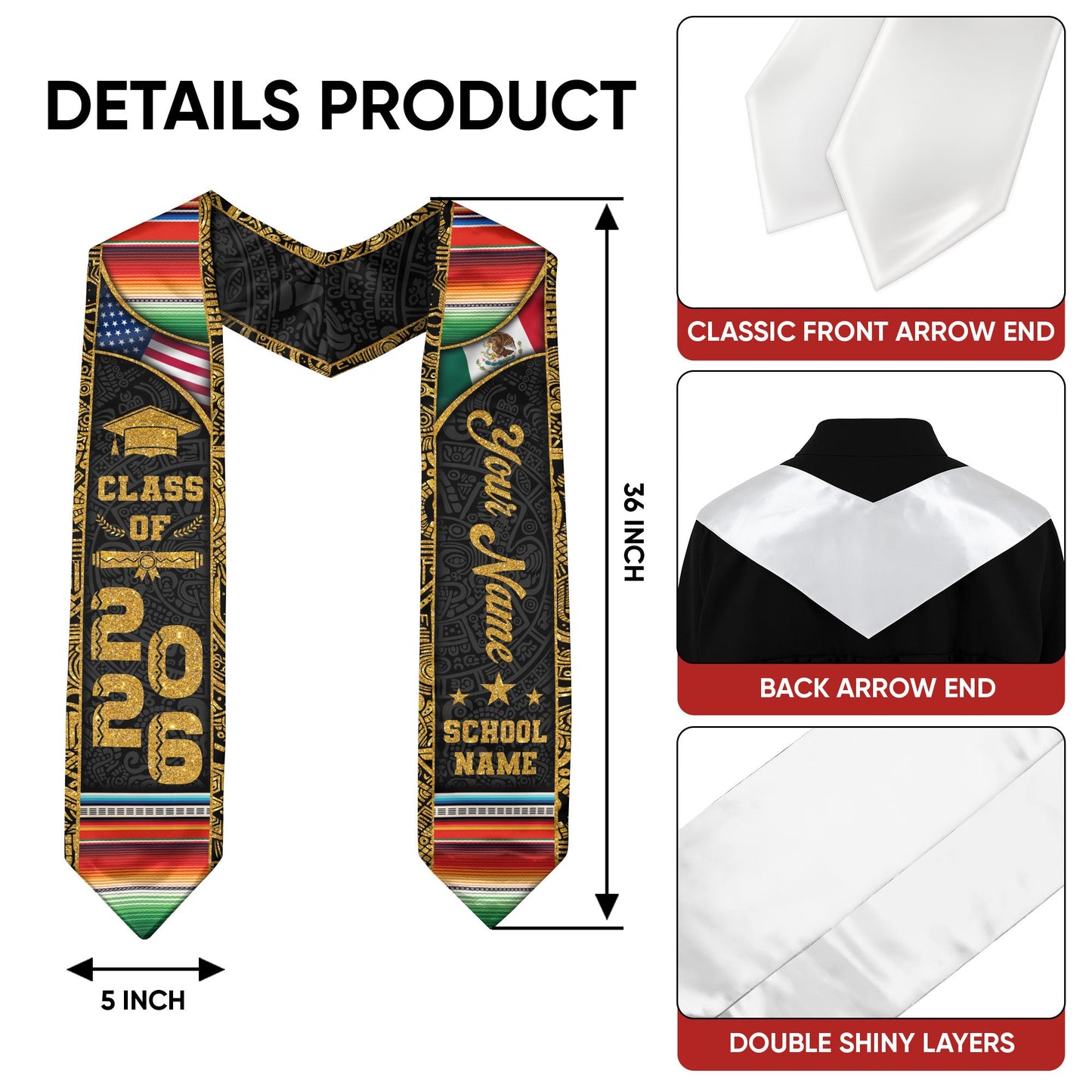 Custom Mexican Graduation Stole Class of 2026 Serape Stripe Aztec Pattern Name Sash