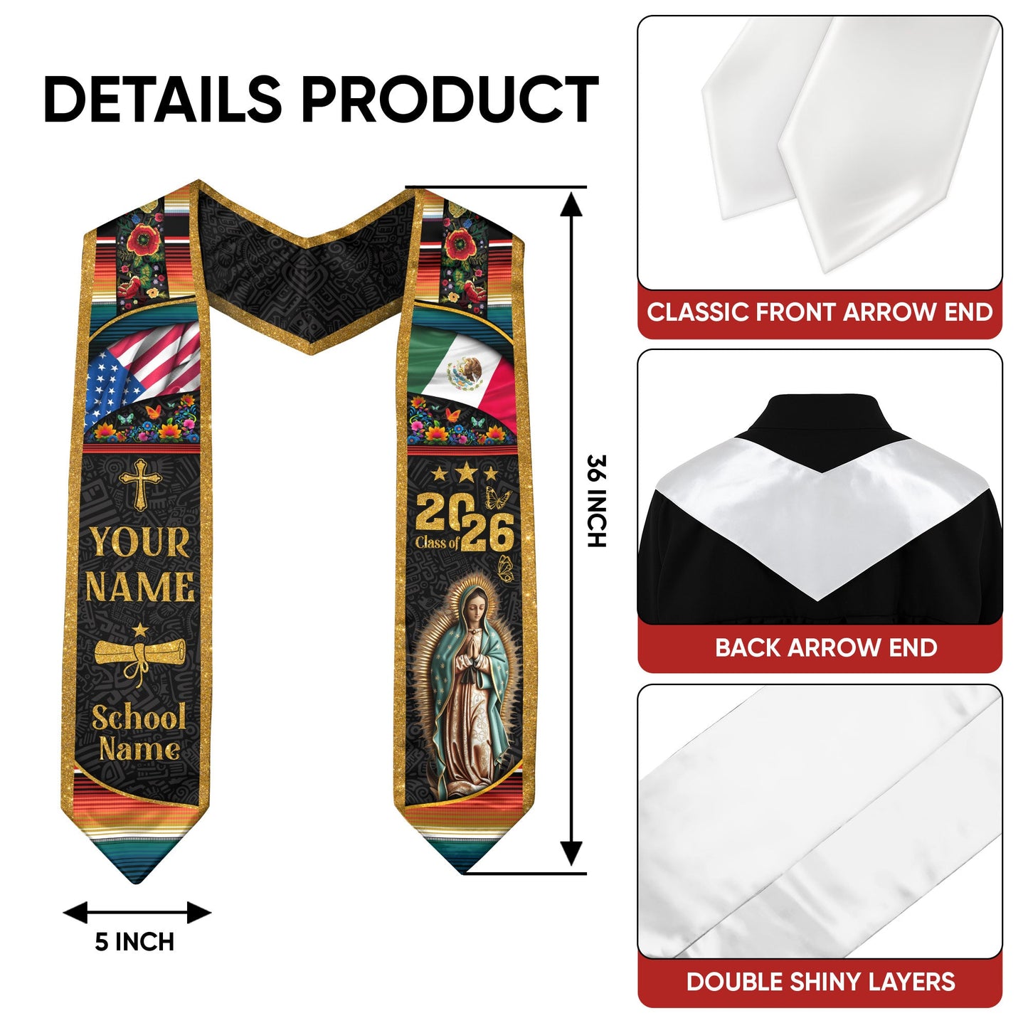 Custom Mexican Graduation Stole Mexico USA Flag Aztec Floral Virgin Mary 2026