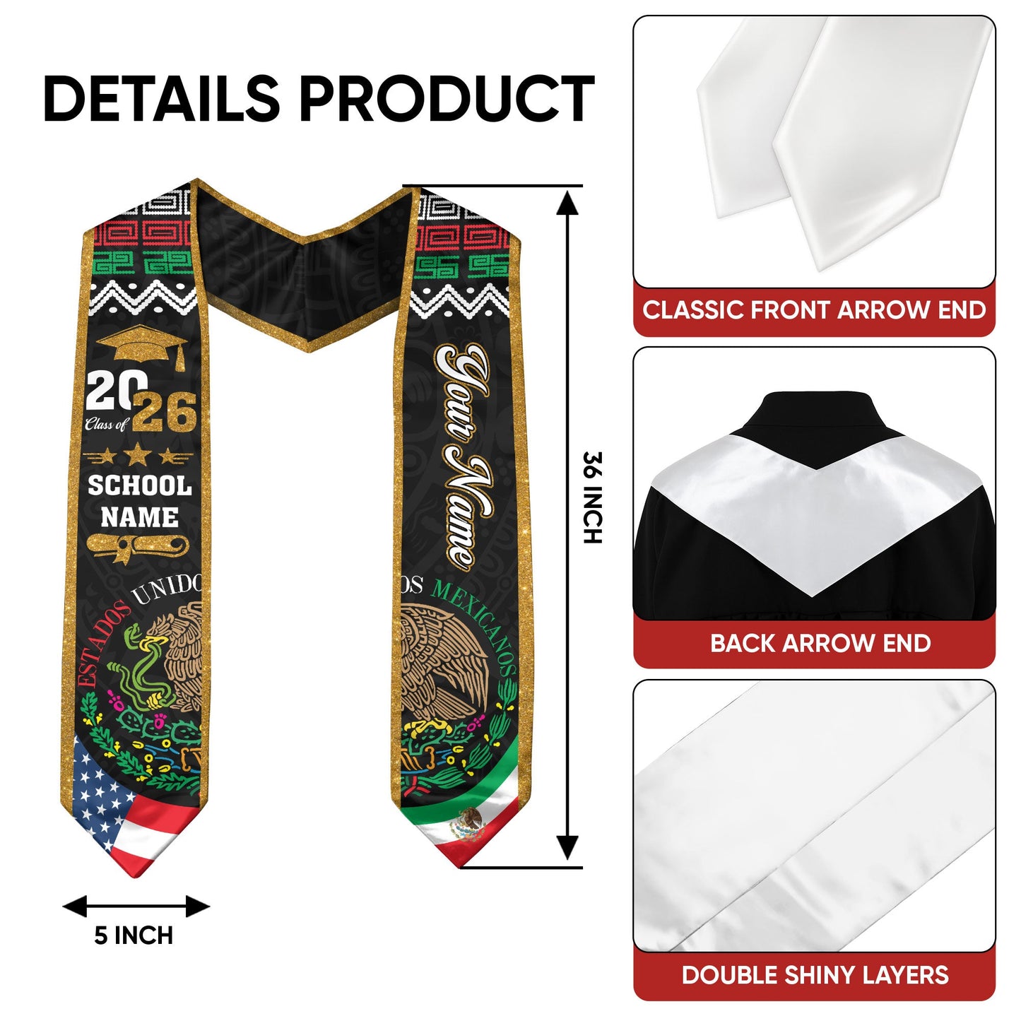 Custom Mexican Graduation Stole Mexico USA Flag Aztec Eagle Glitter Class 2026