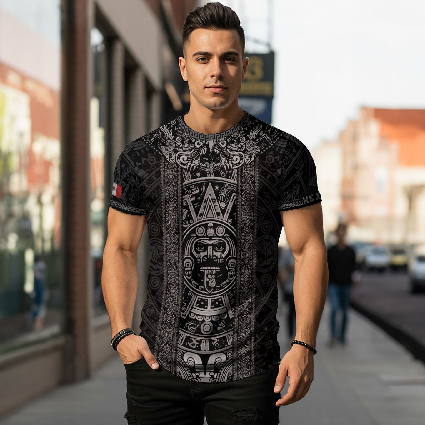 Aztec Sun Stone Black Pattern Mexico Heritage Shirt