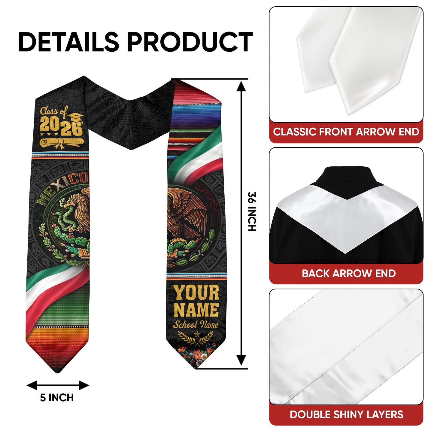 Mexican Graduation Stole Aztec Eagle Flag Serape Custom Mexico Sash 2026 Floral Crest