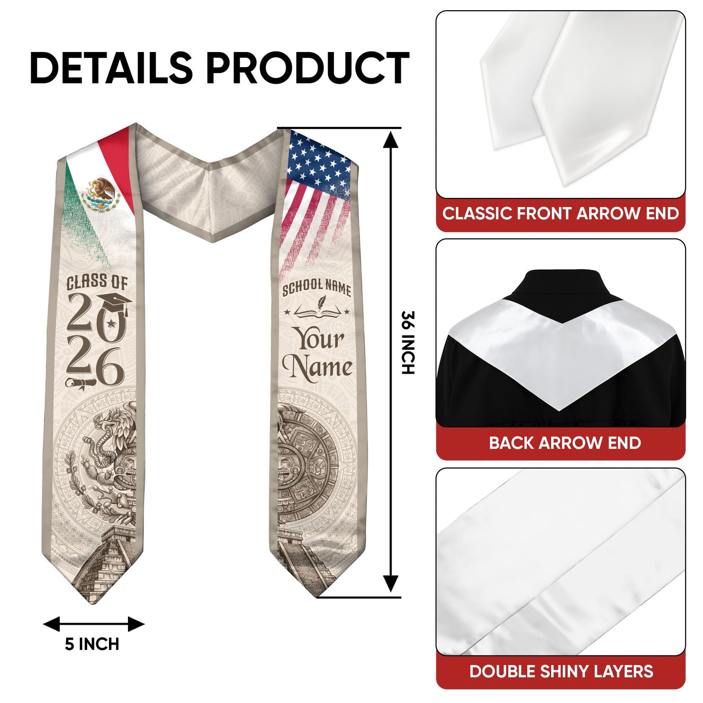 TEST BUNDLE - Mexican Graduation Stole Aztec Calendar Pyramid Eagle USA Mexico Flag Custom Sash (Copy)