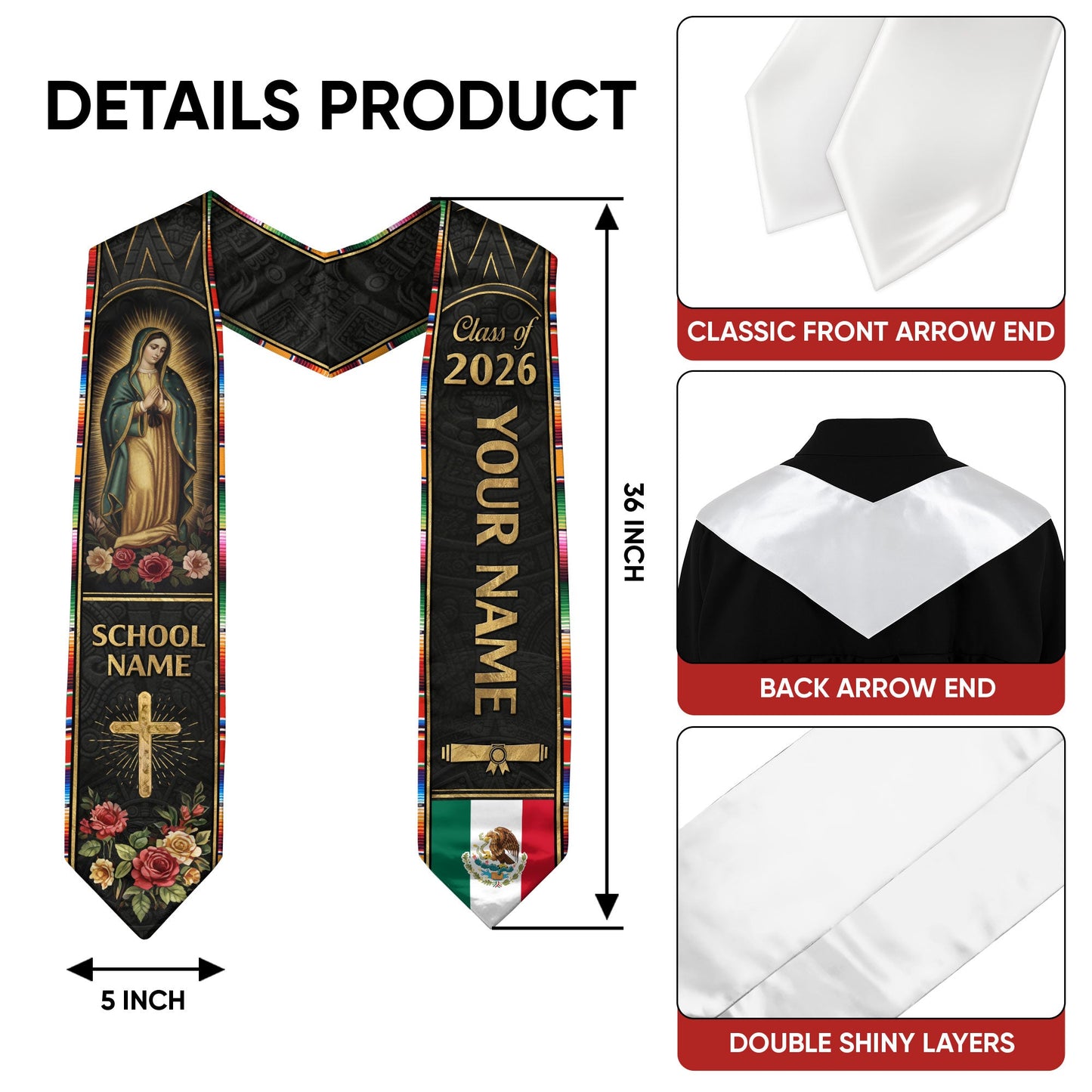 Mexican Graduation Stole Aztec Pattern Virgin Mary Cross Rose Flag Custom Sash 2026