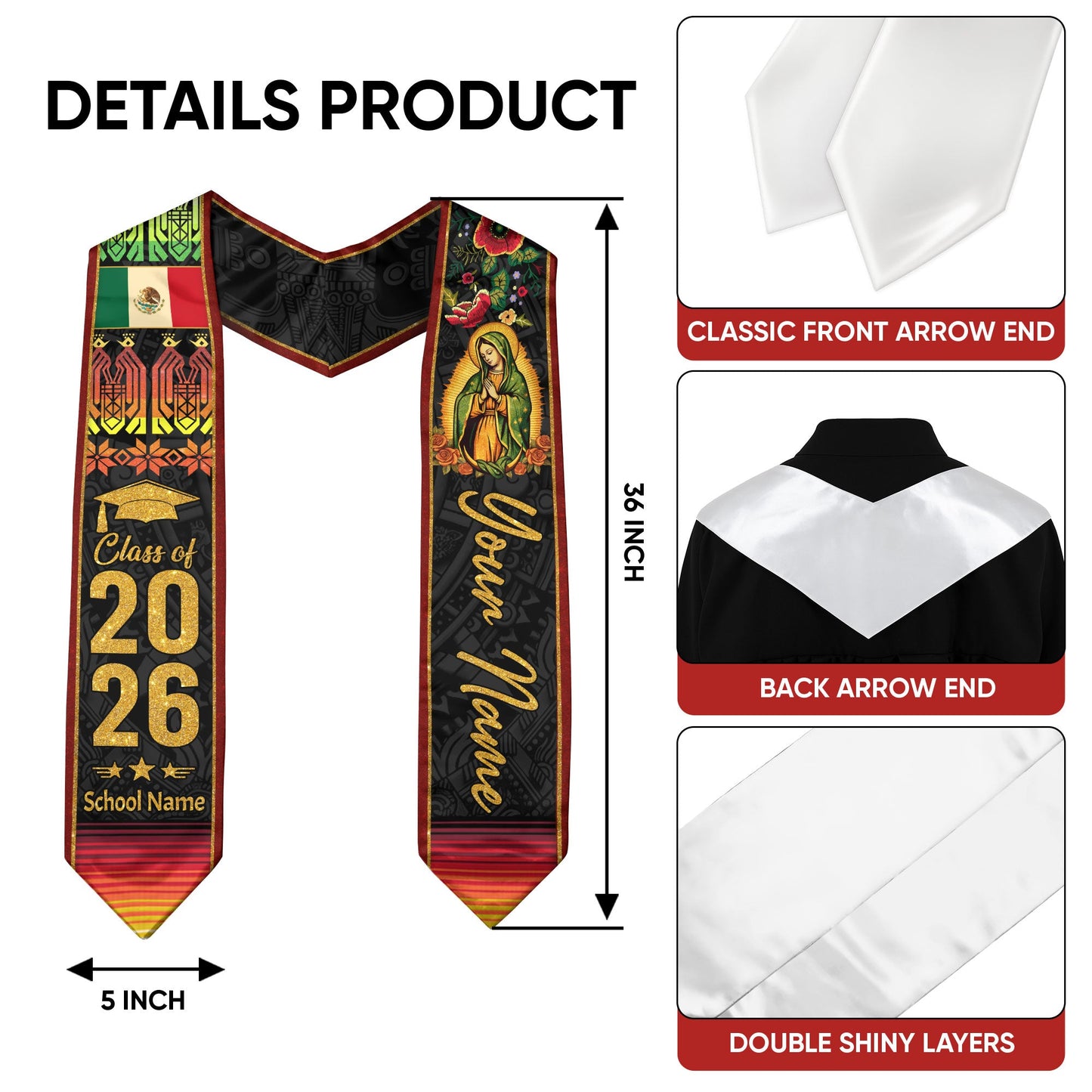 Mexican Graduation Stole Aztec Pattern Virgin Mary Floral Flag Custom Sash 2026