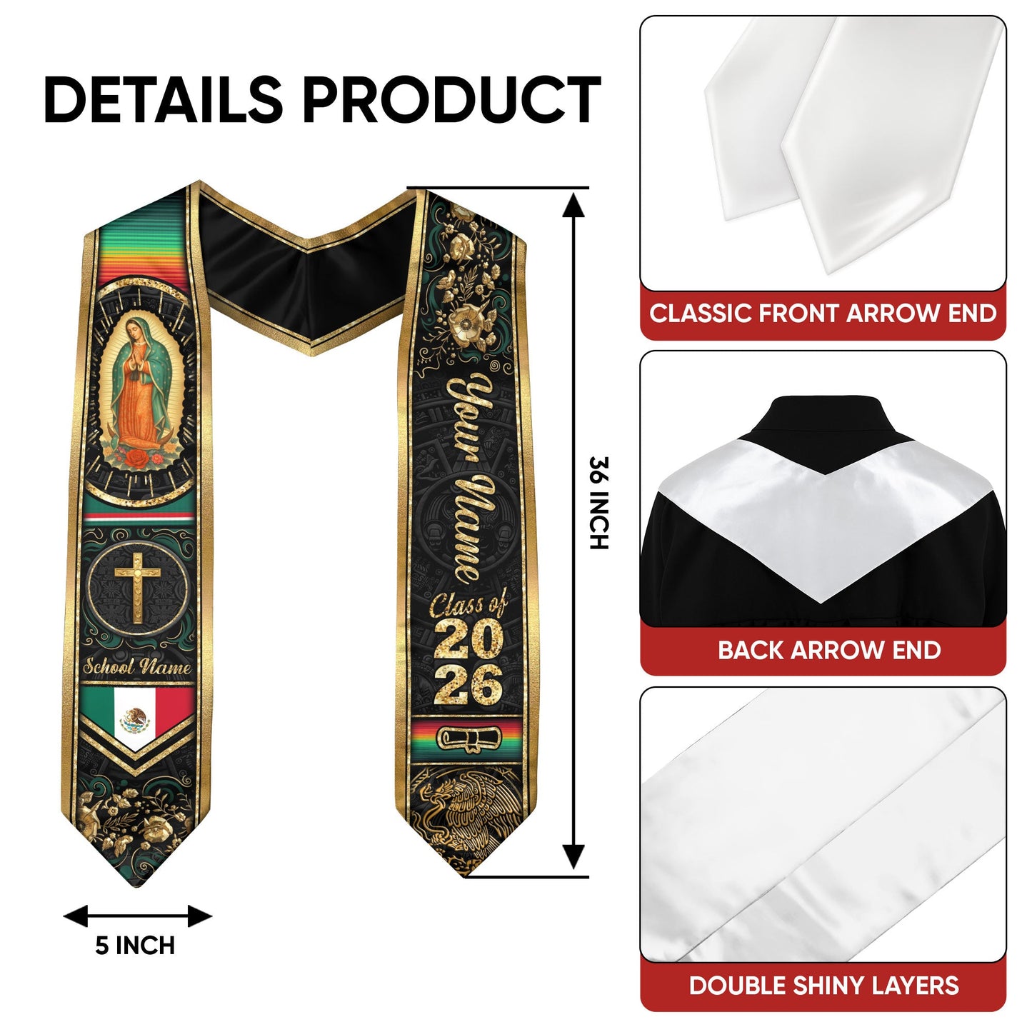 Mexican Graduation Stole Aztec Eagle Virgin Mary Cross Floral Flag Custom Sash