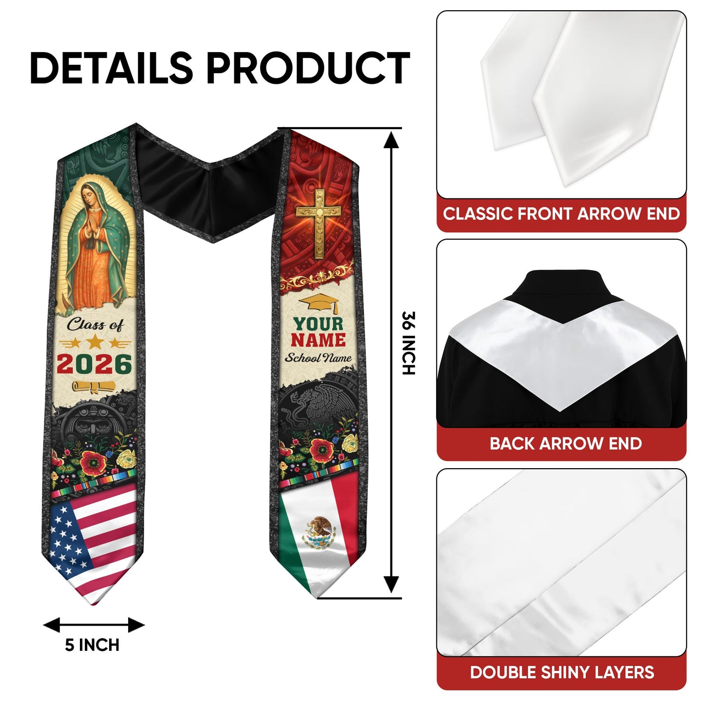 Mexican Graduation Stole Aztec Eagle Virgin Mary Cross Floral USA Flag Custom Sash