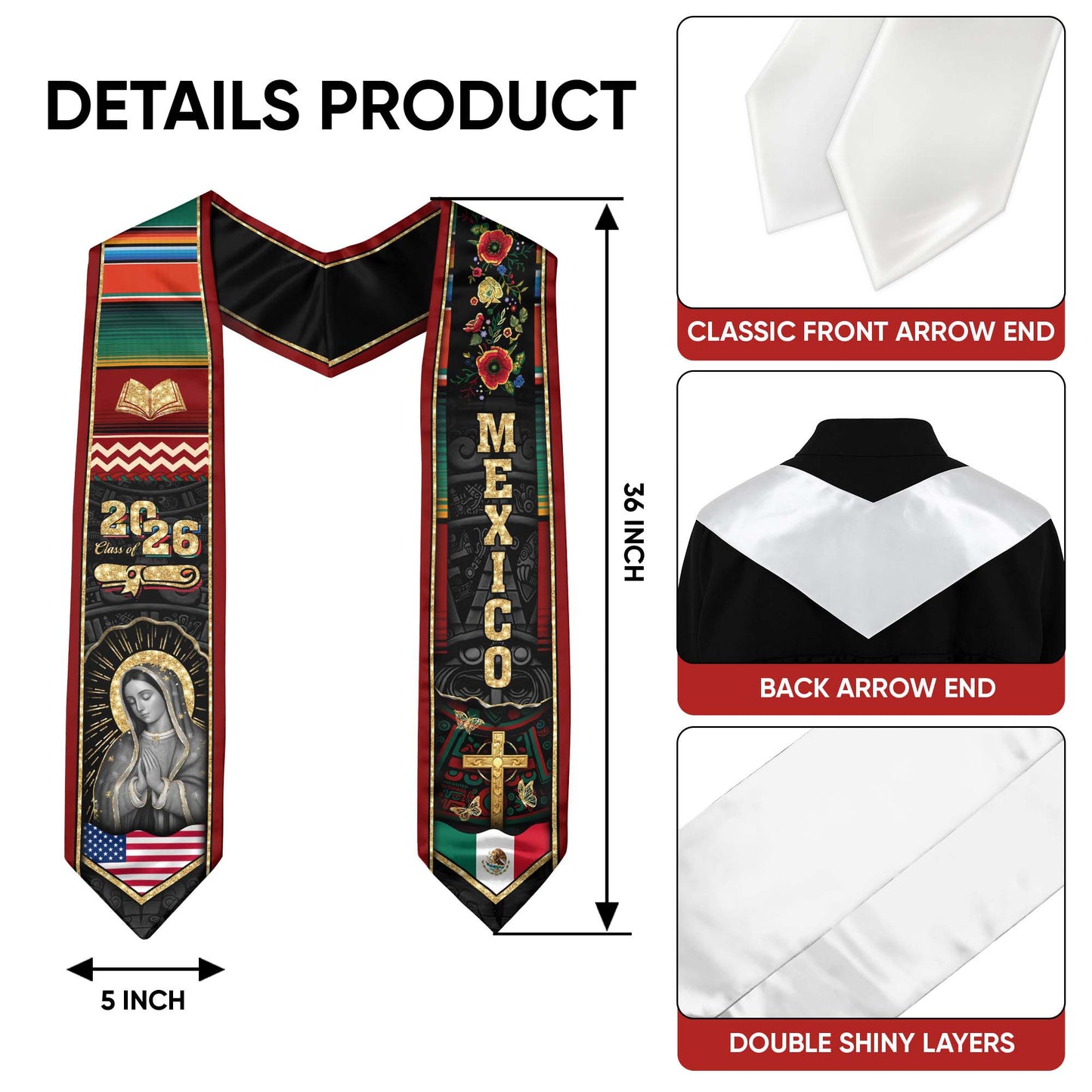 Mexican Graduation Stole Mexico Sash Aztec Virgin Mary Bible Cross 2026