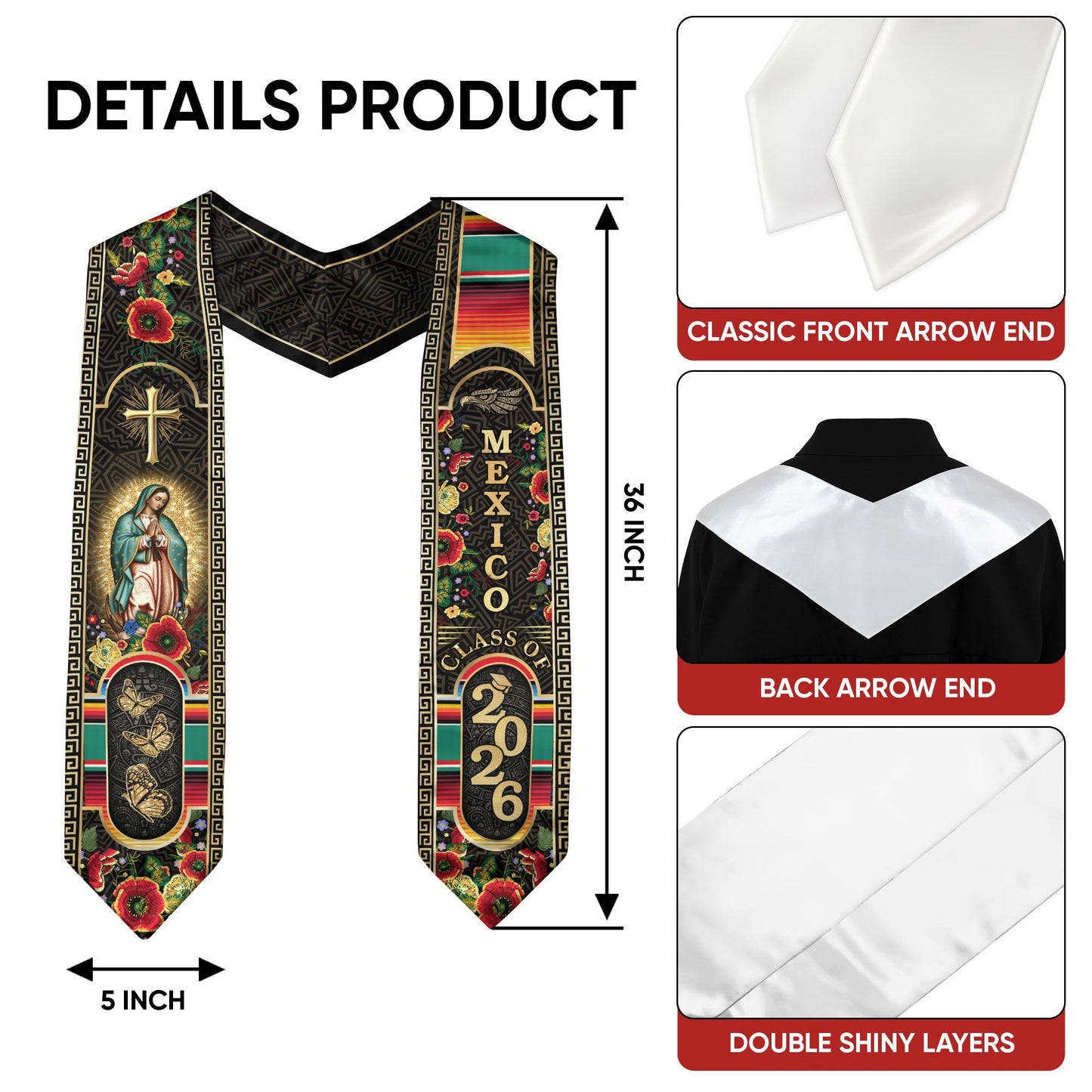 Mexican Graduation Stole Class of 2026 Aztec Cross Virgin Mary Butterfly Floral Mexico Sash