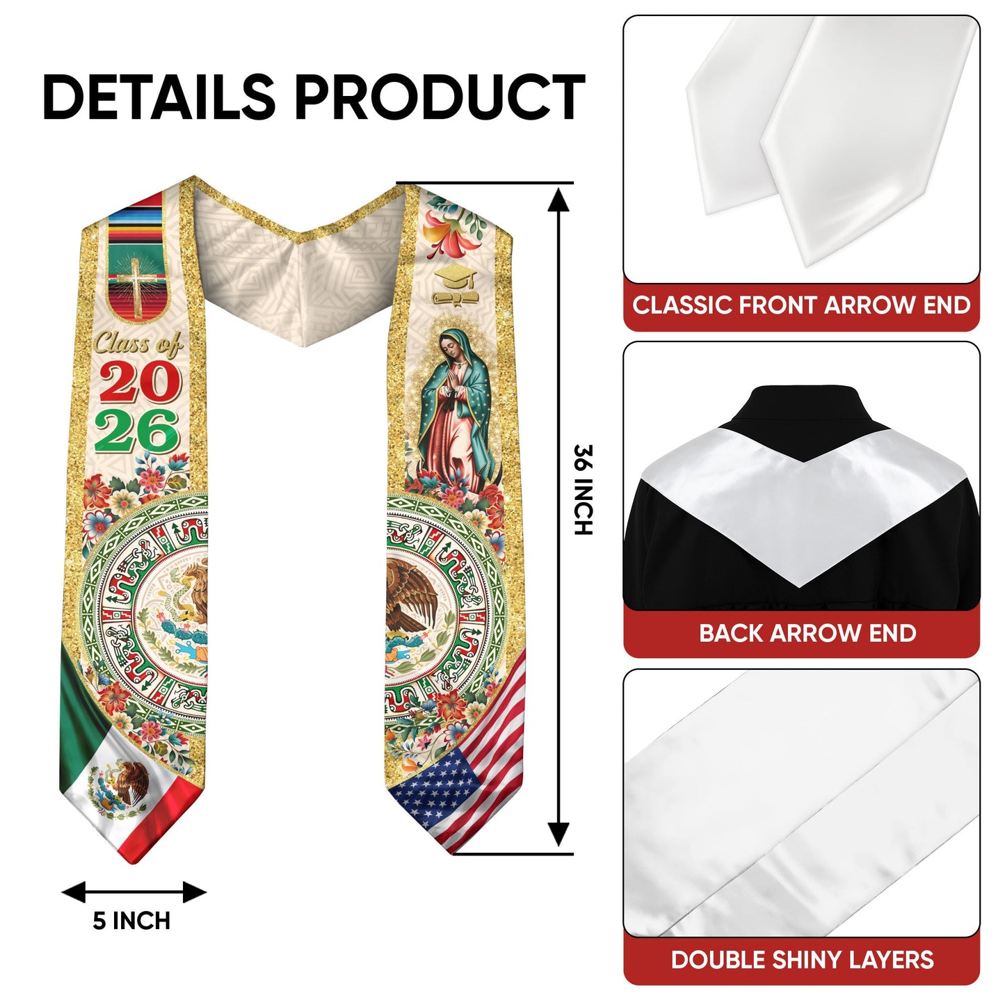 Mexico Graduation Stole Class of 2026 – Virgen De Guadalupe Mexican Flag Sash