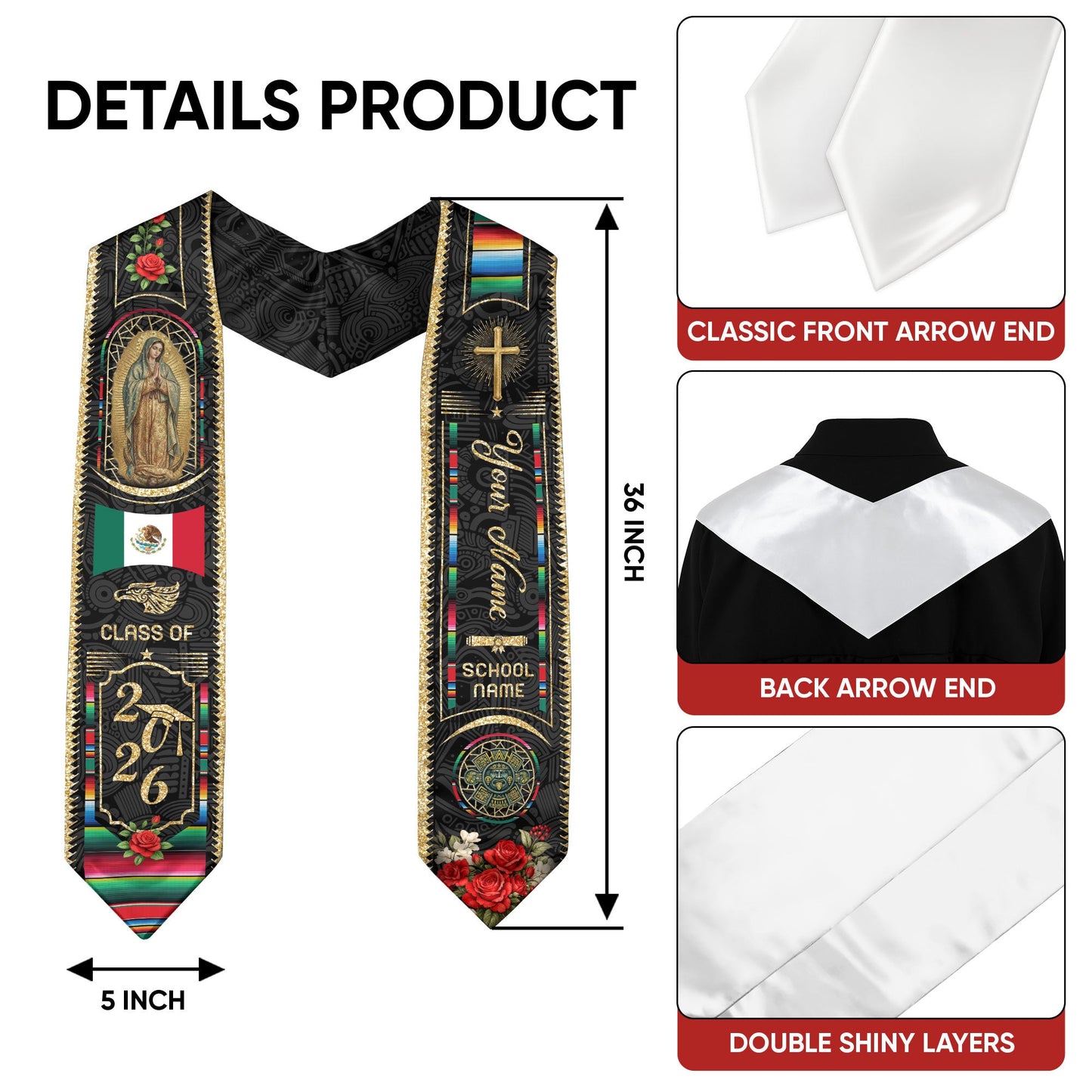 Custom Mexico Graduation Stole 2026 - Virgin of Guadalupe & Serape Aztec Sash