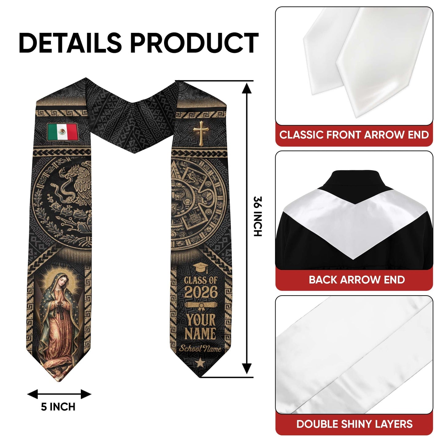 Personalized Mexican Graduation Stole - Class of 2026 Custom Name Gold Aztec Ethnic Sash