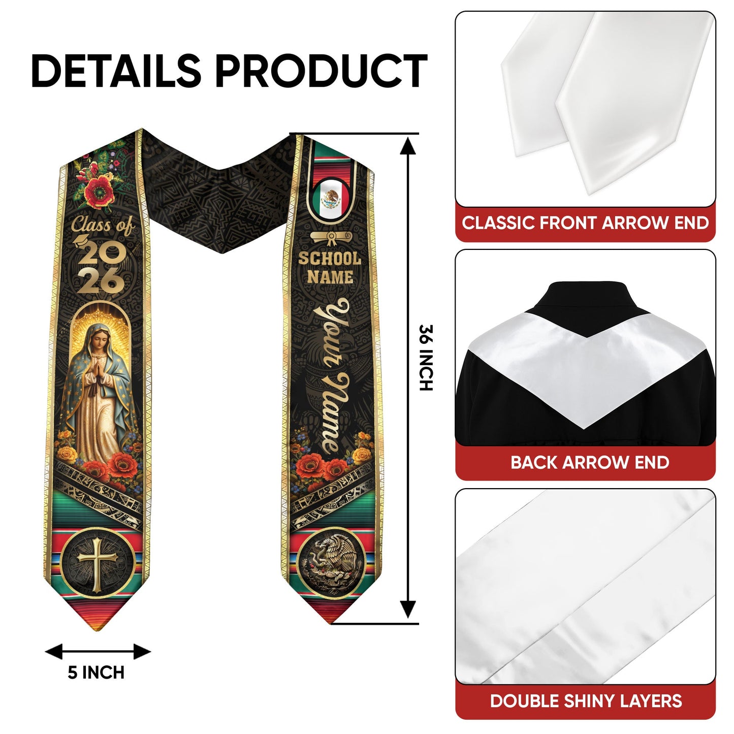 Mexico Class of 2026 Graduation Stole Custom Name Guadalupe Cross Sash