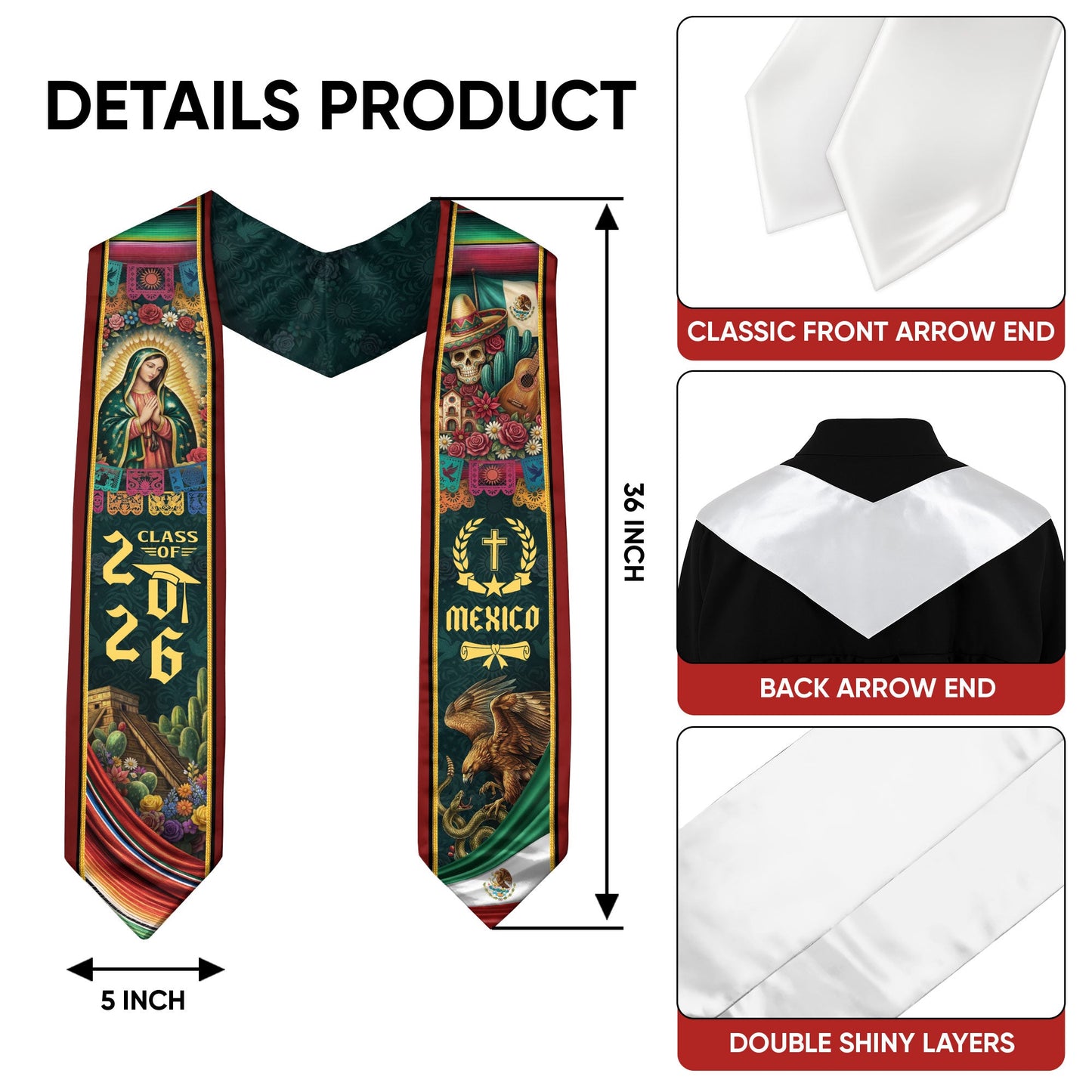 Mexico Graduation Stole 2026 Virgen de Guadalupe Sugar Skull Serape Cultural Design
