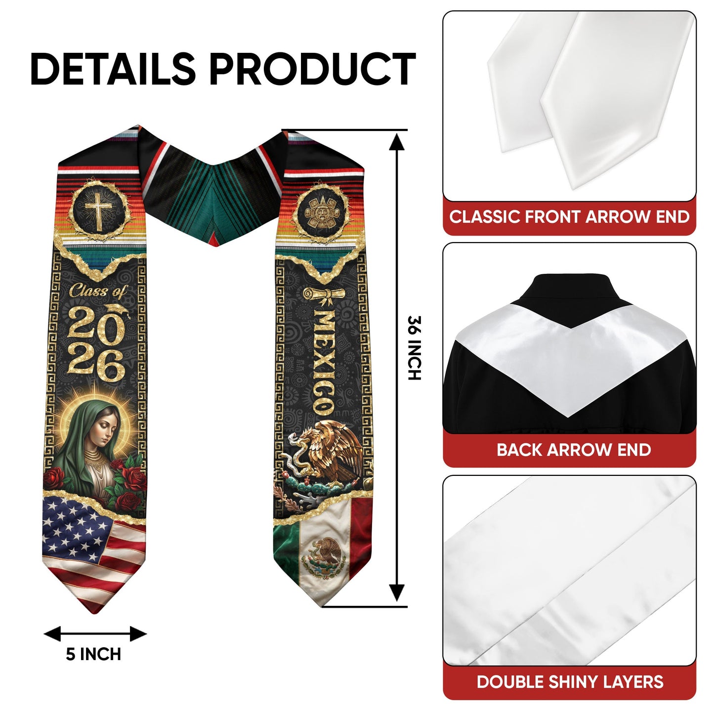 Mexico USA Graduation Stole 2026 - Dual Flag Heritage Sash Virgin Mary Floral Stole