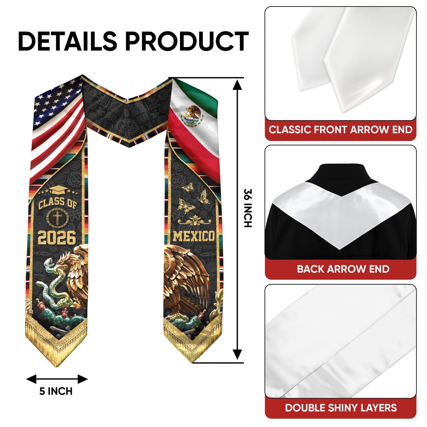 Mexico USA Graduation Stole Class of 2026 - Virgin Mary Dual Flag Heritage Sash