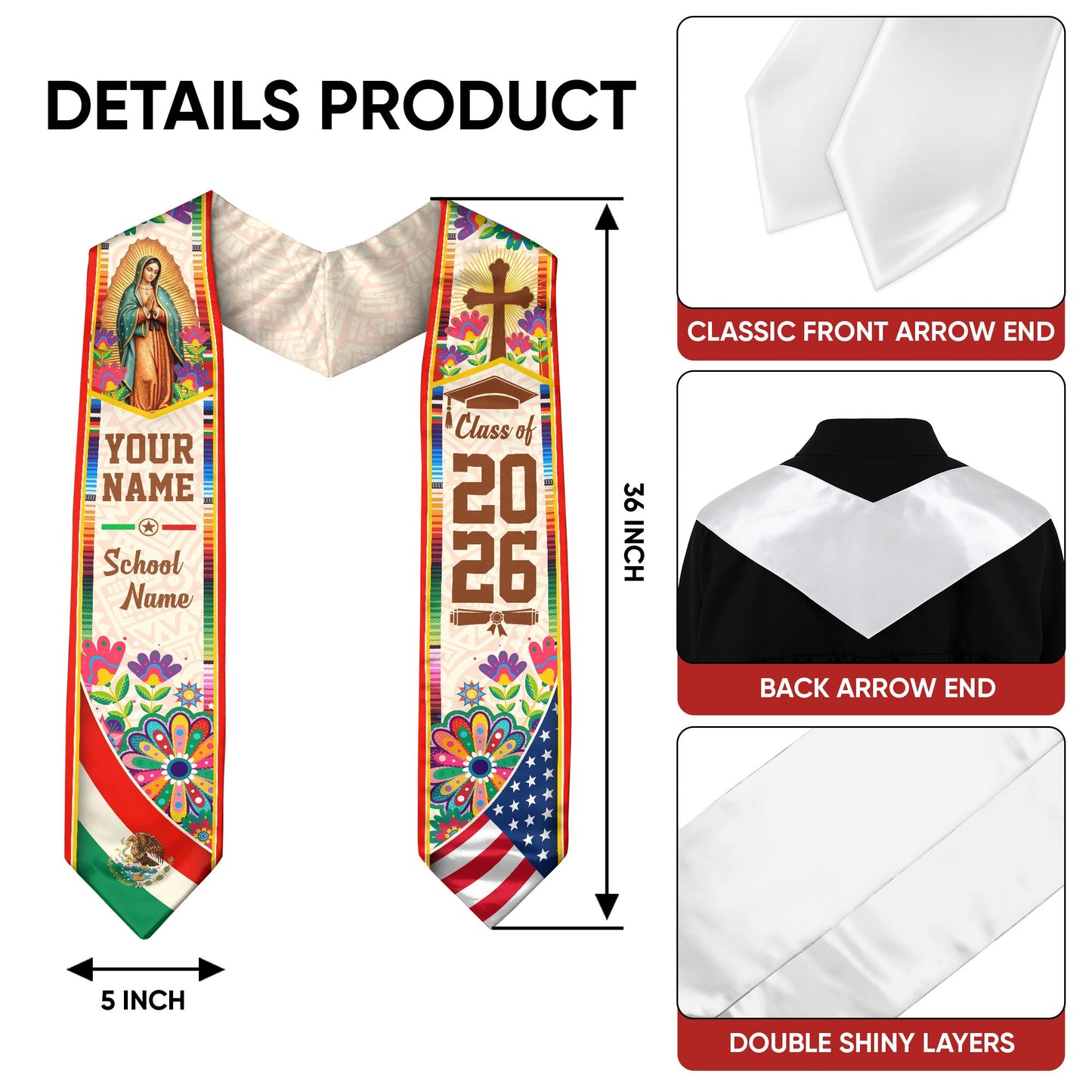 Mexican American Graduation Stole 2026 - Personalized Name Mexico USA Flag Sash