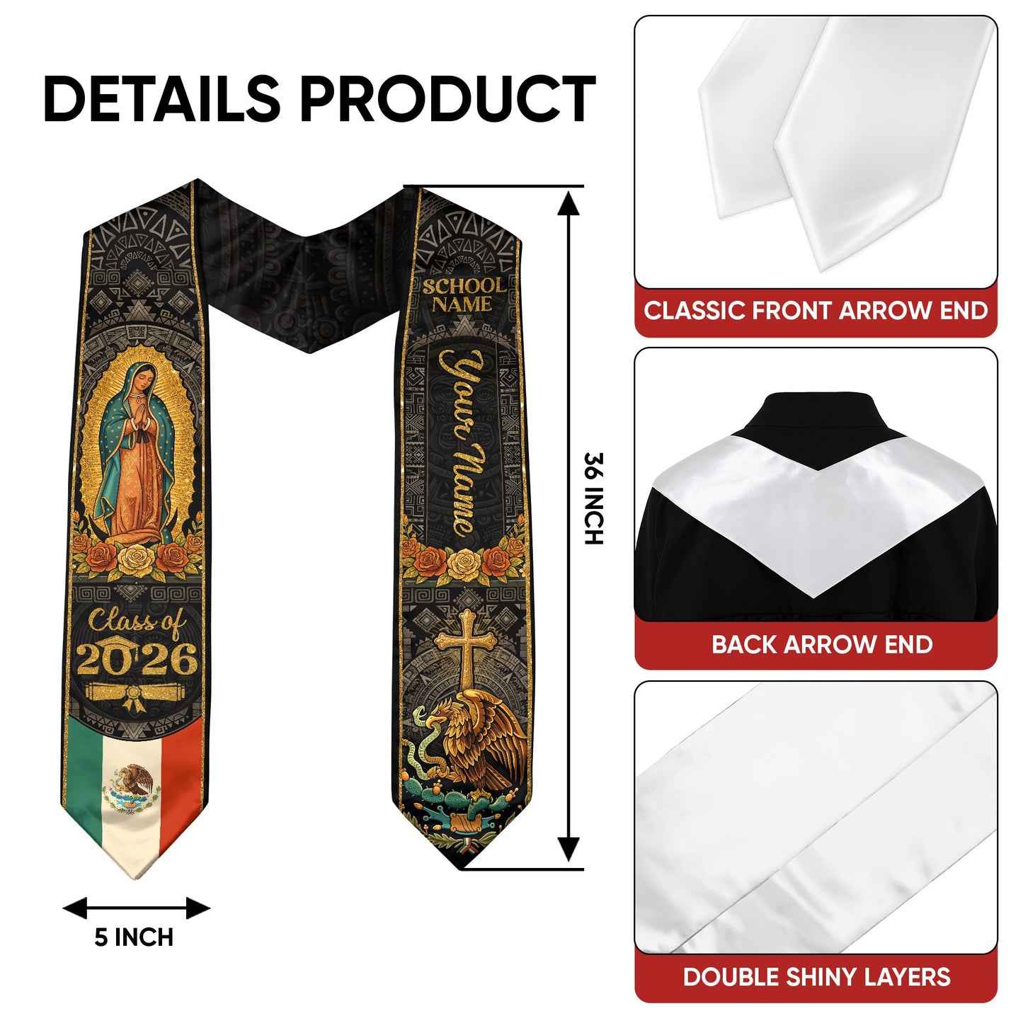 Personalized Mexican Graduation Stole 2026 - Our Lady of Guadalupe Aztec Heritage Sash