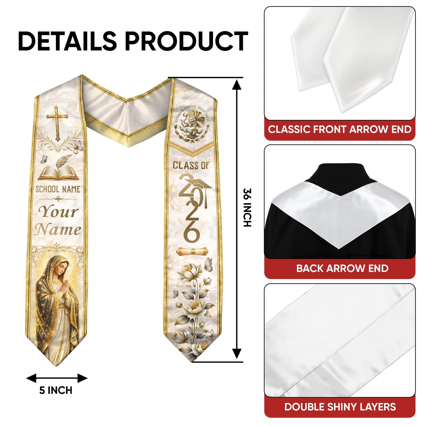 Custom Mexico Graduation Stole - Class of 2026 Mexican Heritage Stole Gold Cross