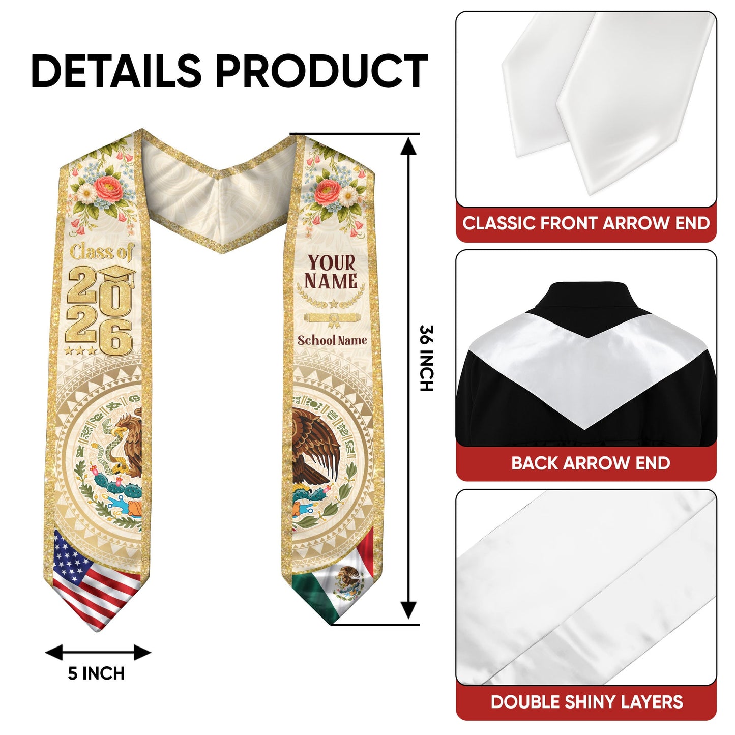 Mexico USA Graduation Stole Class of 2026 - Personalized Dual Heritage Floral Gold Sash