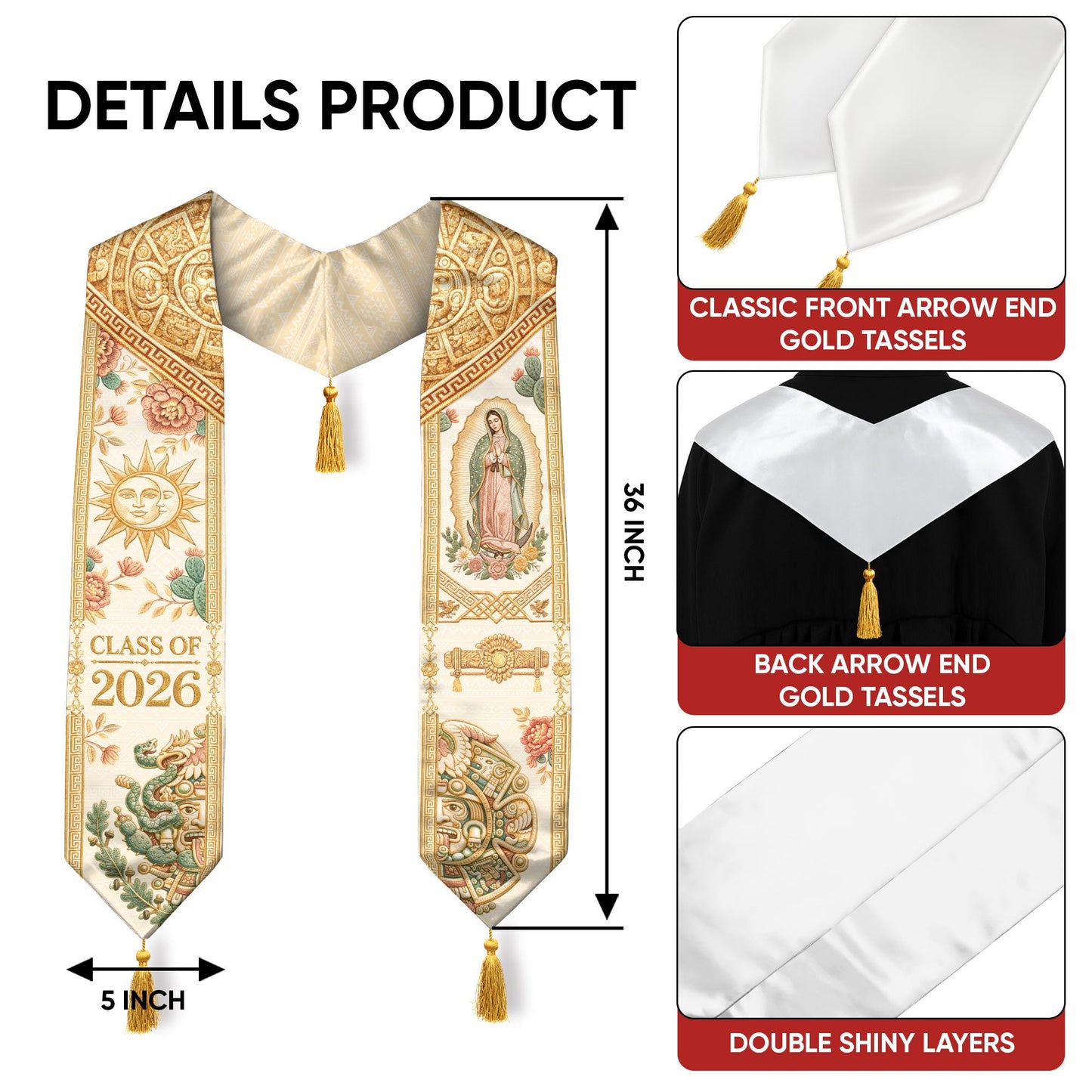 Mexico Graduation Stole Class of 2026 Sun Moon Virgin Guadalupe Floral Tassel Sash