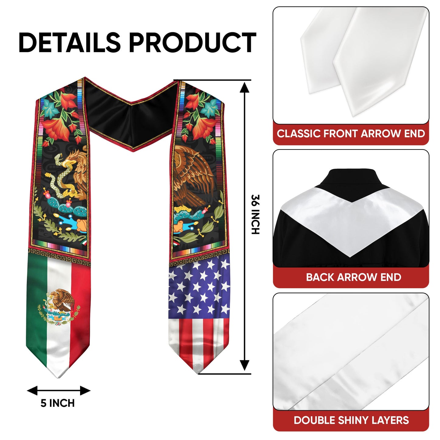 Mexican American Graduation Stole - Eagle Serpent Flag Sash Cultural Pride