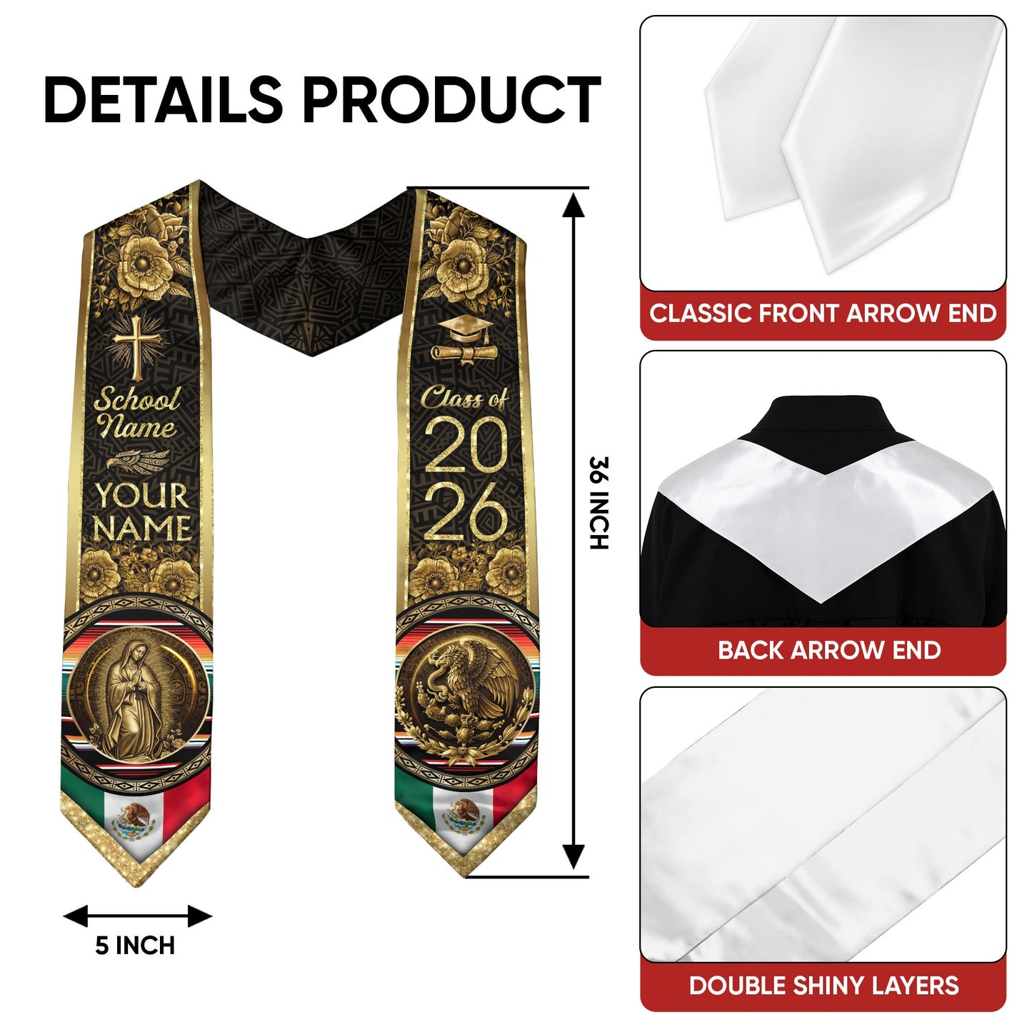 Mexico Graduation Stole 2026 Gold Glitter Virgin Mary Eagle Personalized Heritage Sash