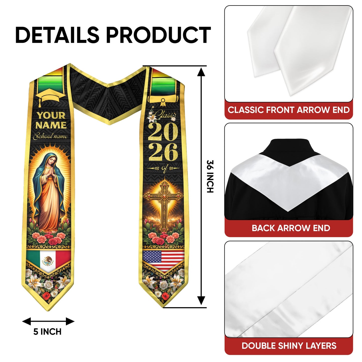 Custom Mexico USA Flag Graduation Stole 2026 Virgin Mary Cross Heritage Sash