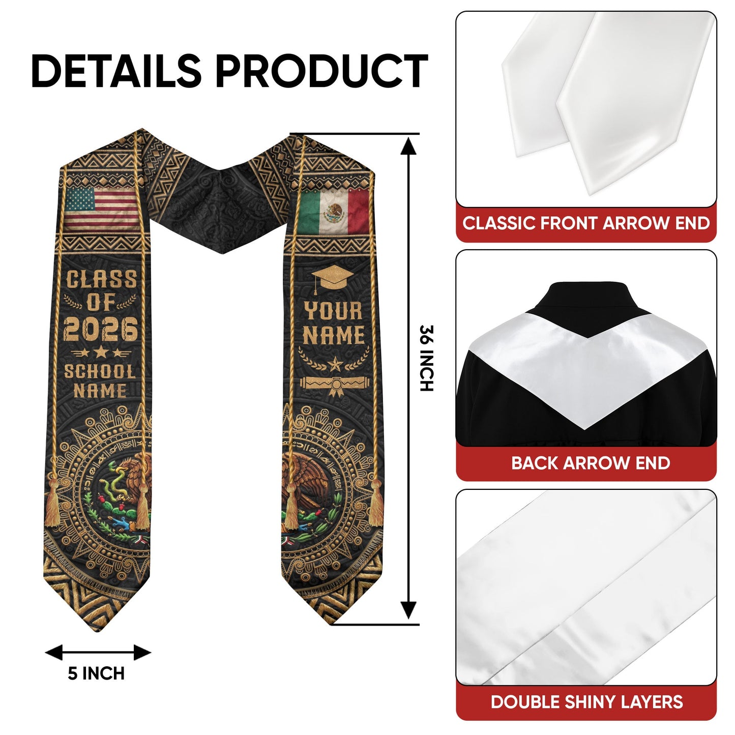Custom Mexico USA Flag Graduation Stole 2026 Aztec Calendar Heritage Gold Sash