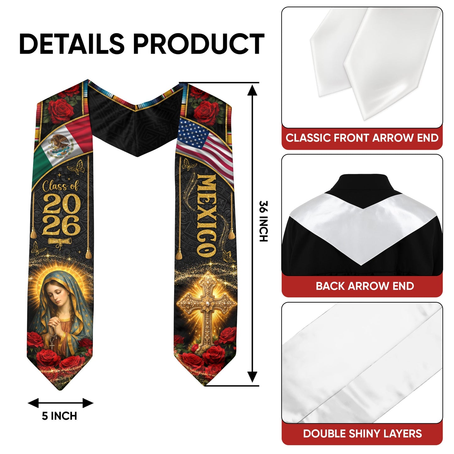 Mexico Graduation Stole Class of 2026 Virgin Mary Guadalupe Cross Serape Mexican Flag