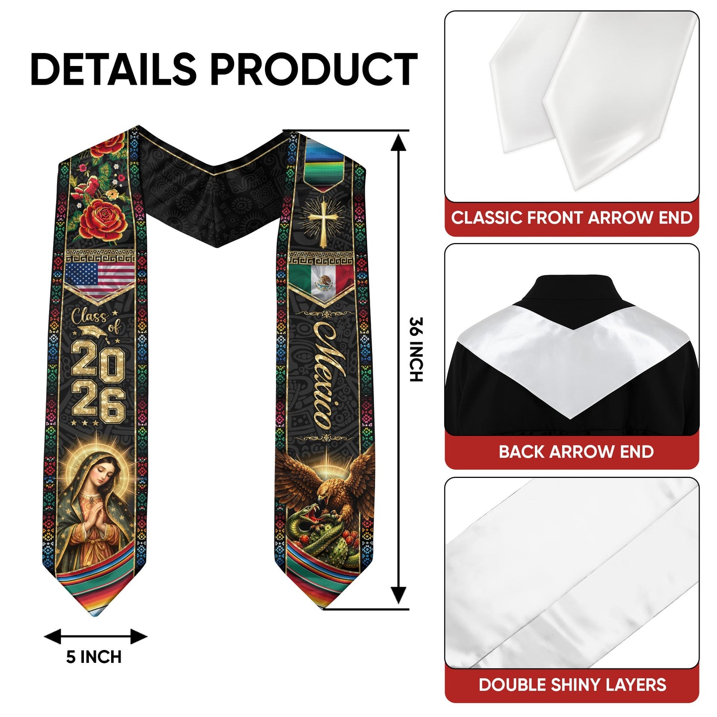 Mexico Graduation Stole Class of 2026 Eagle and Snake Virgin Mary Mexican USA Flag Sash