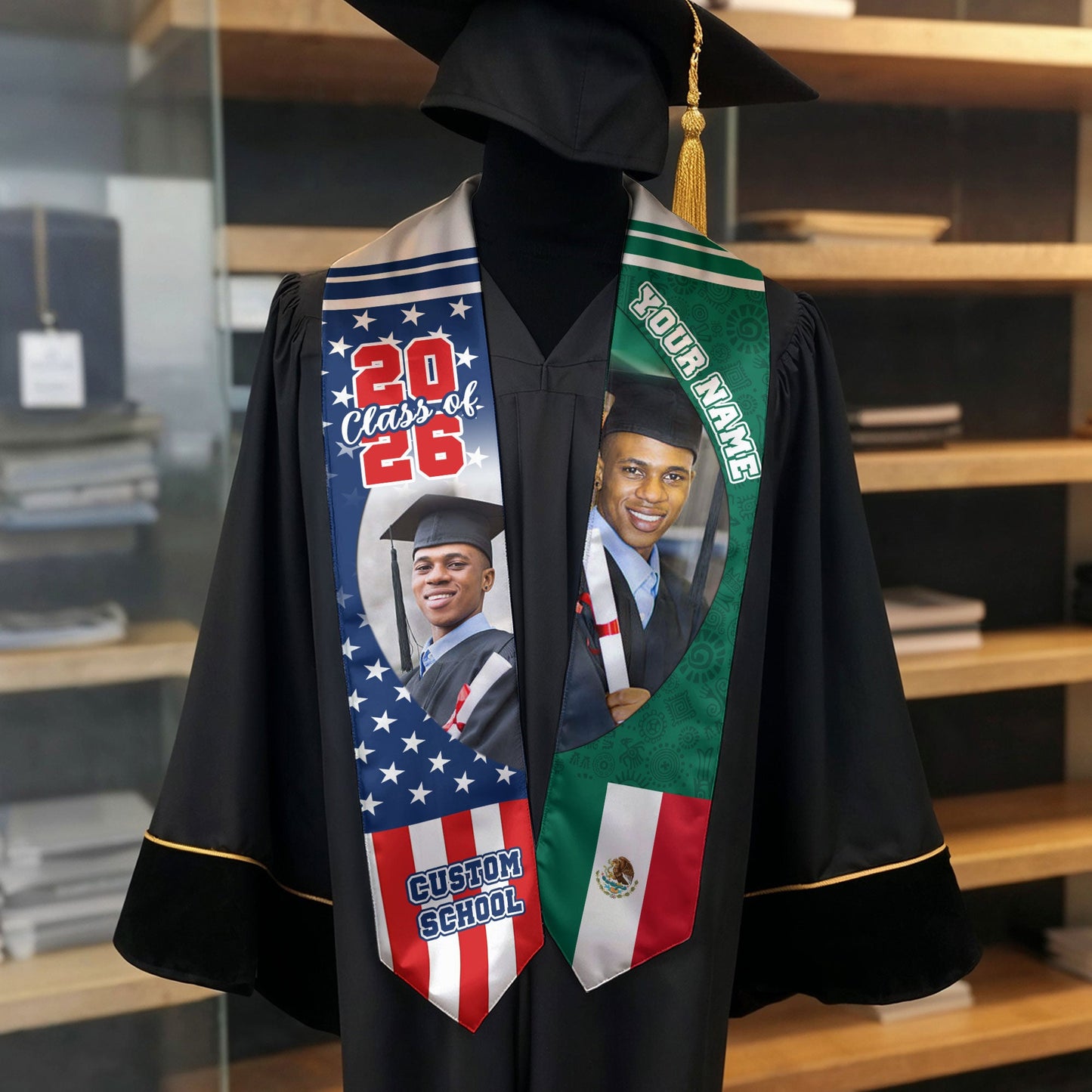 Custom Mexican Graduation Stole 2026 Mexico Flag USA Stars Photo Name School