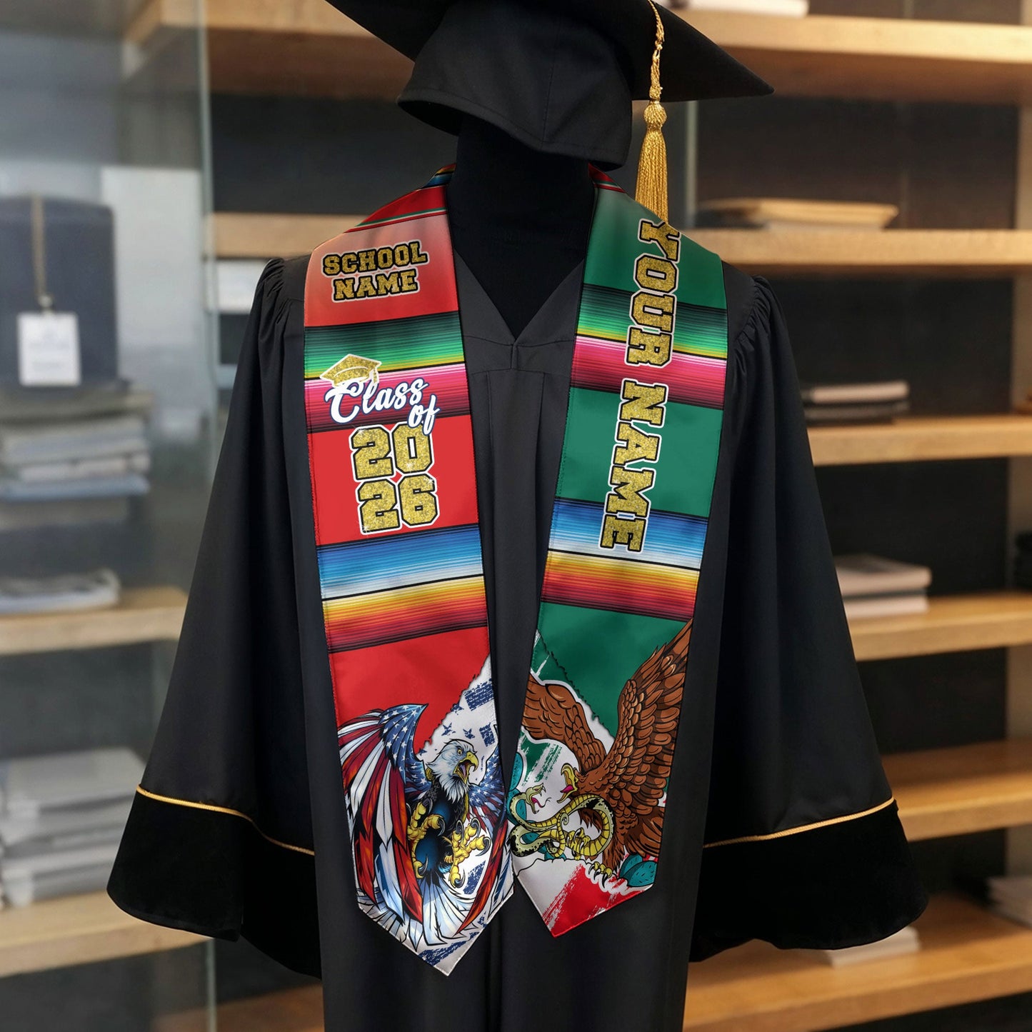 Custom Mexican Graduation Stole 2026 USA Mexico Flag Serape Class Cap Sash