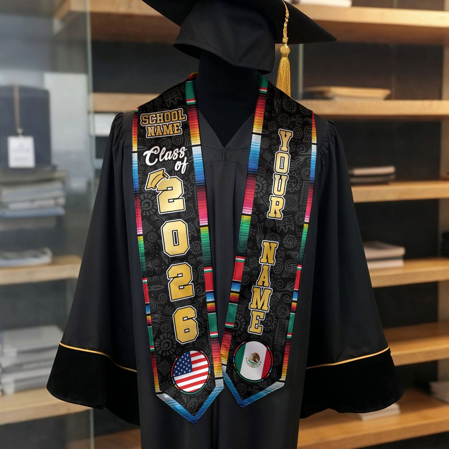 Custom Mexican Graduation Stole 2026 USA Mexico Flag Serape Eagle Emblem