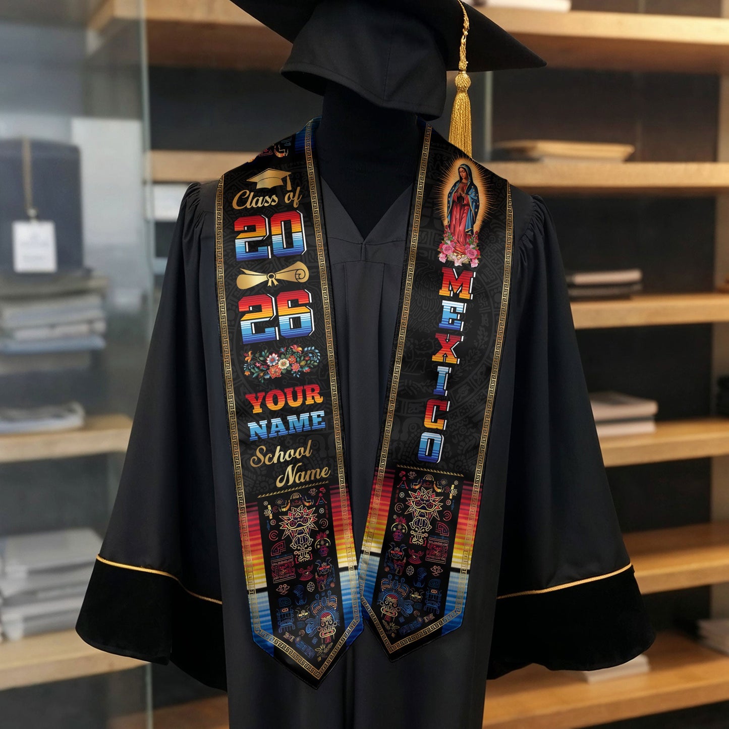 Mexican Aztec Graduation Stole 2026, Custom Mexico Sash for Graduate Celebration
